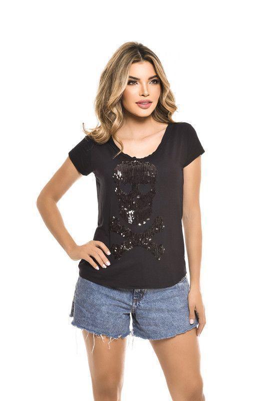 POLERA MC LENTEJUELA POISON SKULL BLACK RC-6-2