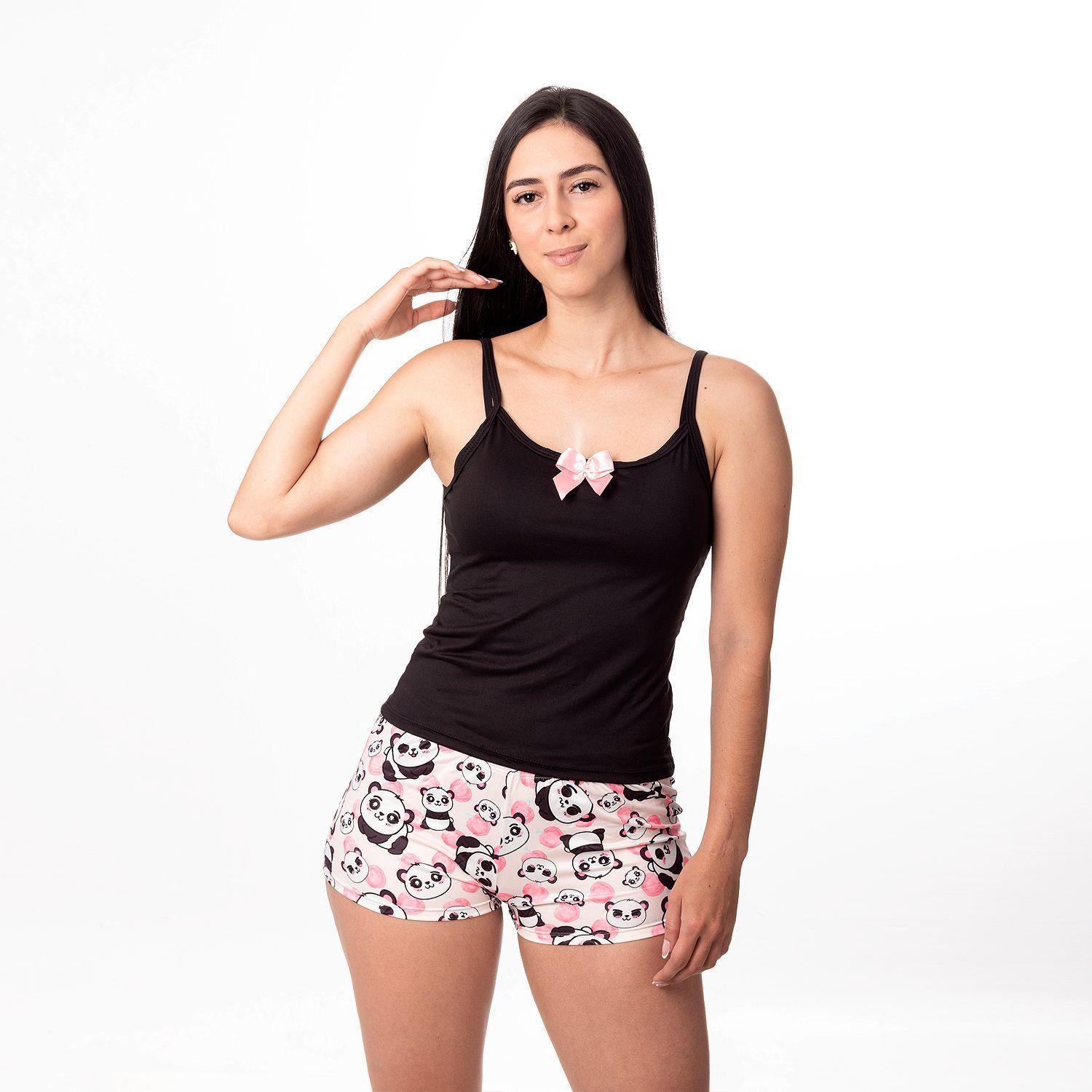 PIJAMA MUJER DULCE DESCANSO SHORT PANDA BLANCO + POLERA NEGRA -0