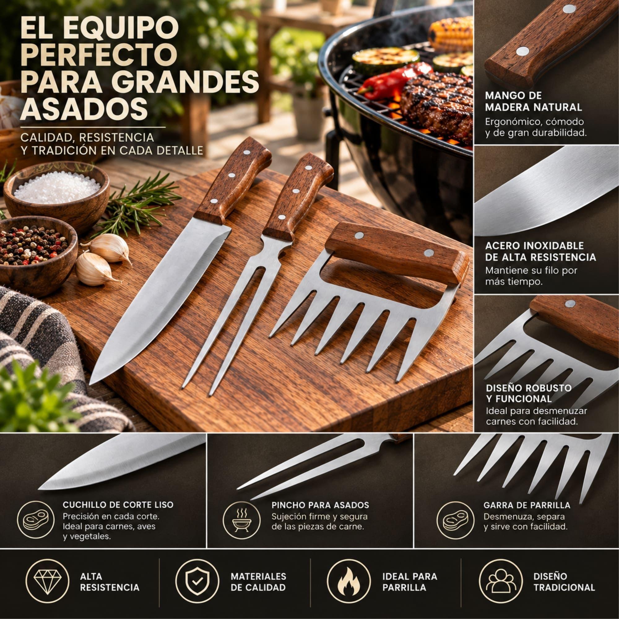 Set Parrilla 3 Piezas Arthome con Garra de Oso Parrillera Acero Inoxidable-4