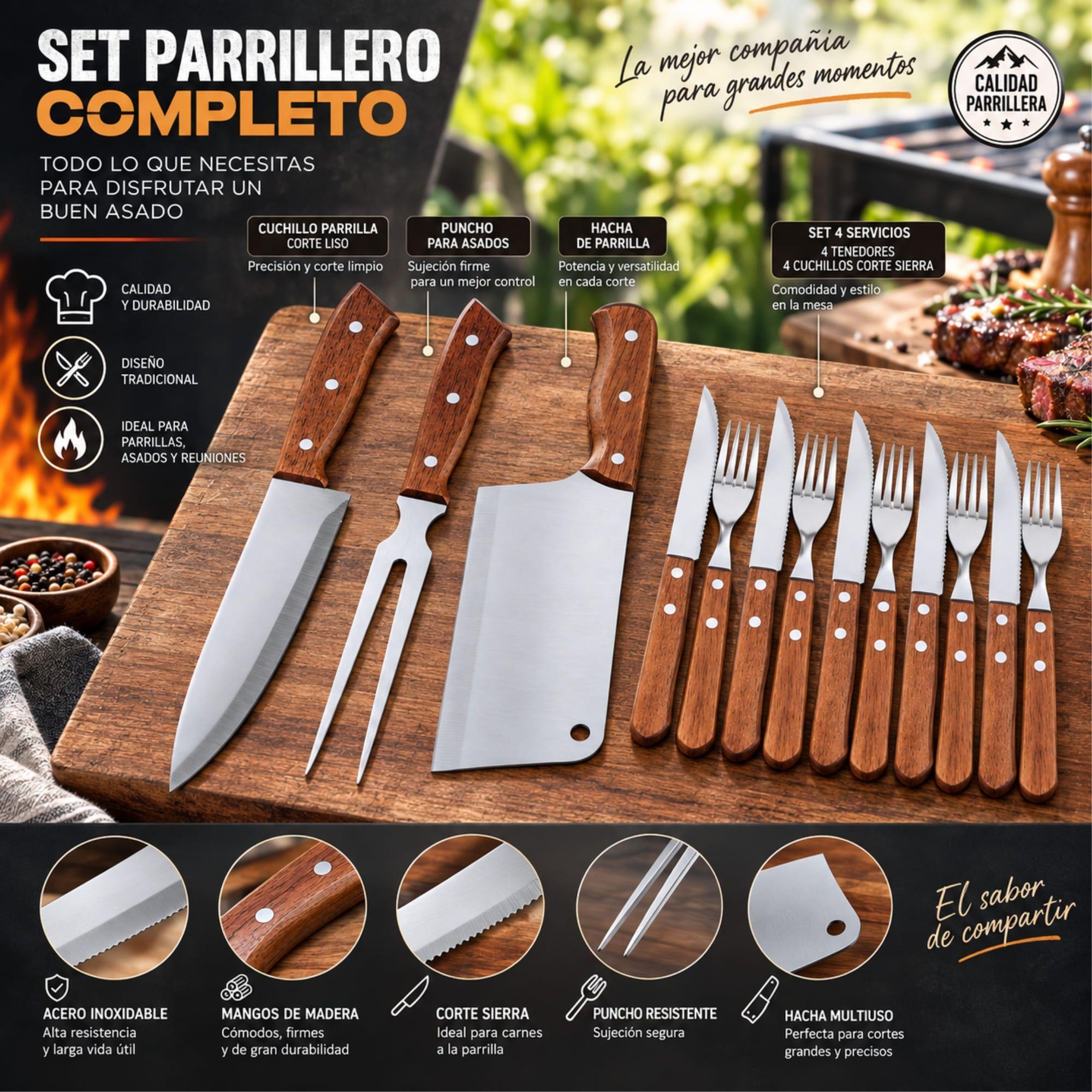 Set Parrillero 11 Piezas Arthome Acero Inoxidable con Hacha, Cuchillos y Tenedor-7