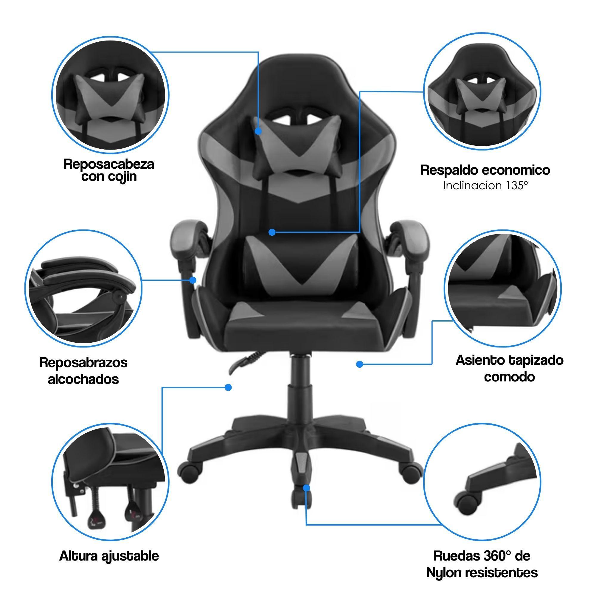 Silla Gamer Tokio Ergonómica Negro y Gris Reclinable Con Cojines-4