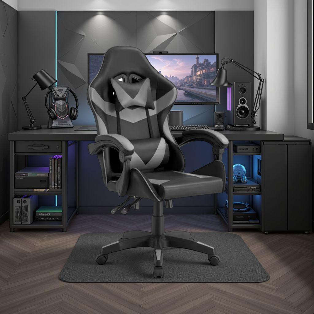 Silla Gamer Tokio Ergonómica Negro y Gris Reclinable Con Cojines-7