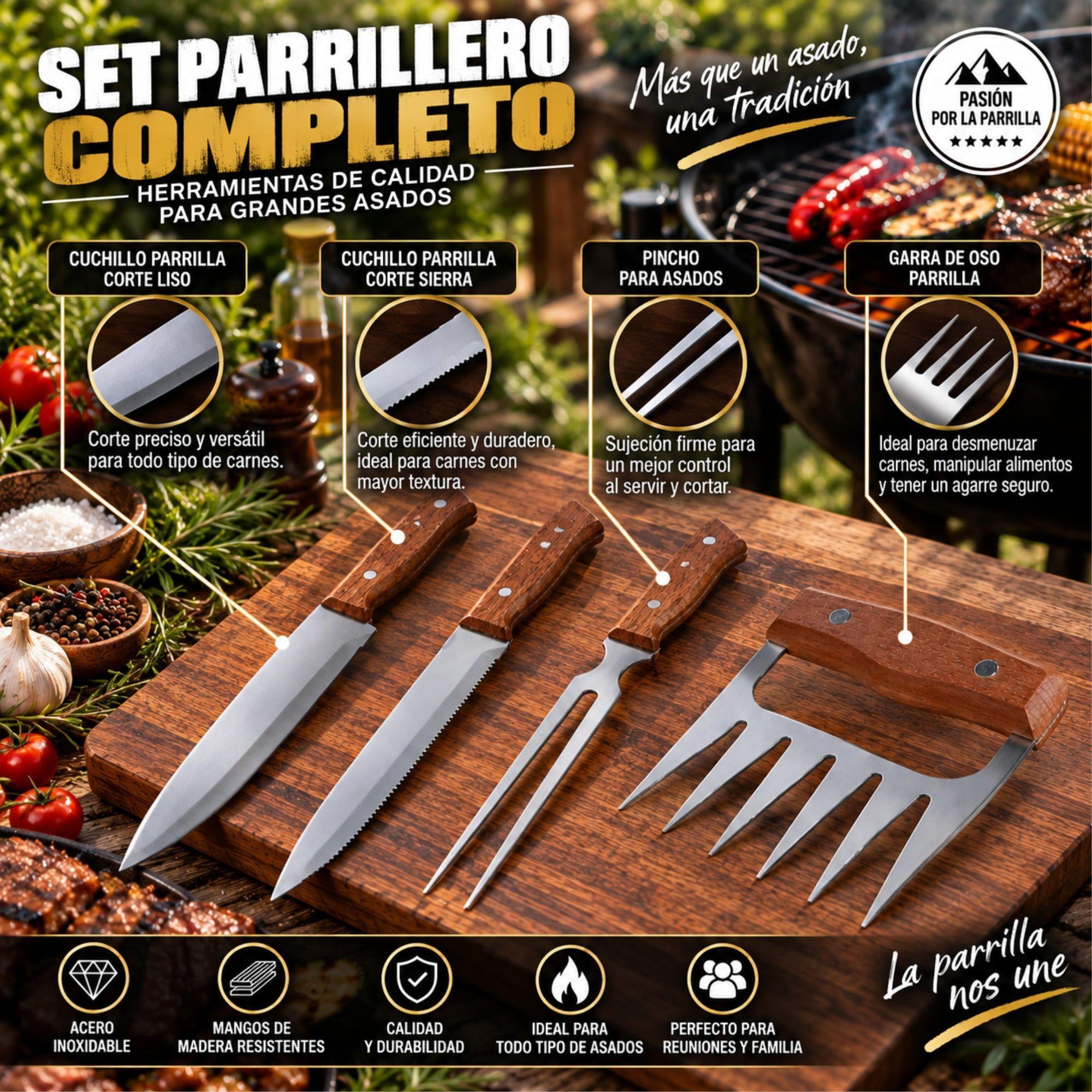 Set Parrillero 4 Piezas Arthome en Acero Inoxidable con Mangos de Madera-6