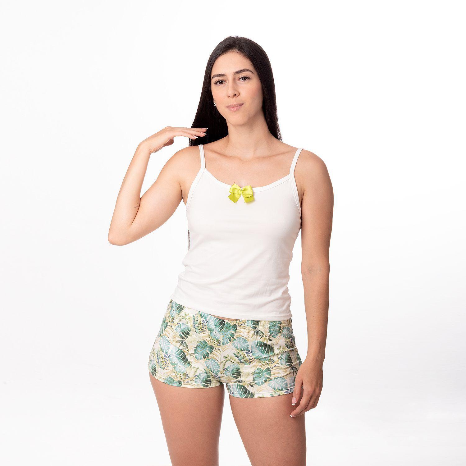 PIJAMA MUJER DULCE DESCANSO SHORT HOJAS VERDES + POLERA BLANCA-2