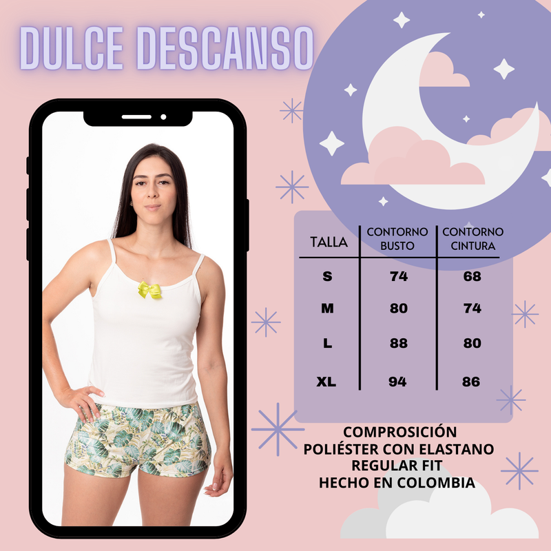 PIJAMA MUJER DULCE DESCANSO SHORT HOJAS VERDES + POLERA BLANCA-3
