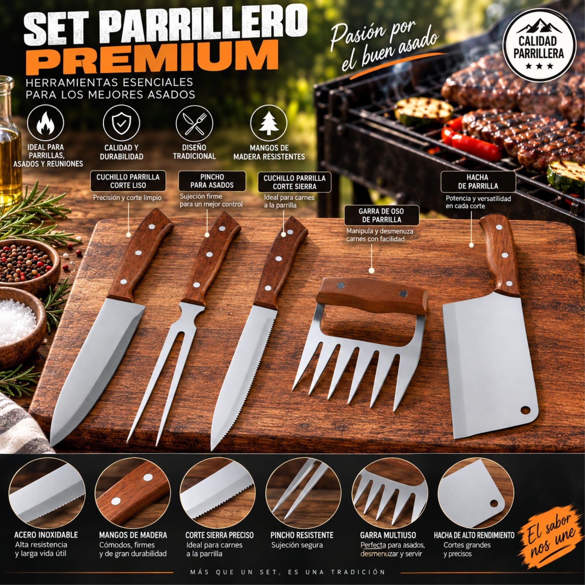 Set Parrillero 5 Piezas Arthome Acero Inoxidable con Hacha y Garra de Oso-5