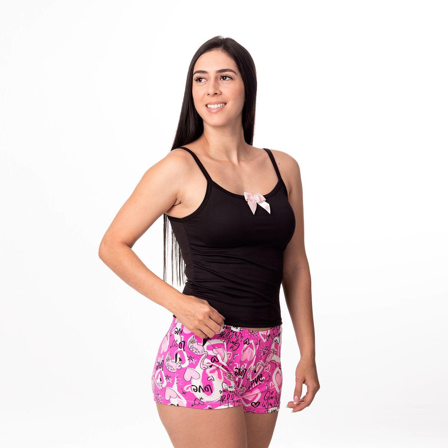 PIJAMA MUJER DULCE DESCANSO SHORT CORAZON ROSADO + POLERA NEGRA-2
