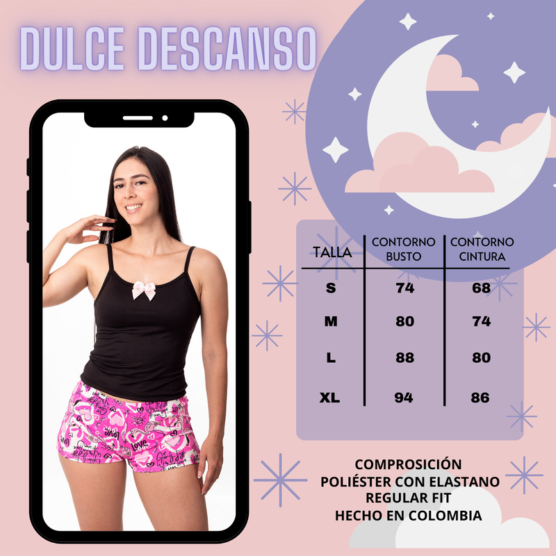 PIJAMA MUJER DULCE DESCANSO SHORT CORAZON ROSADO + POLERA NEGRA-3