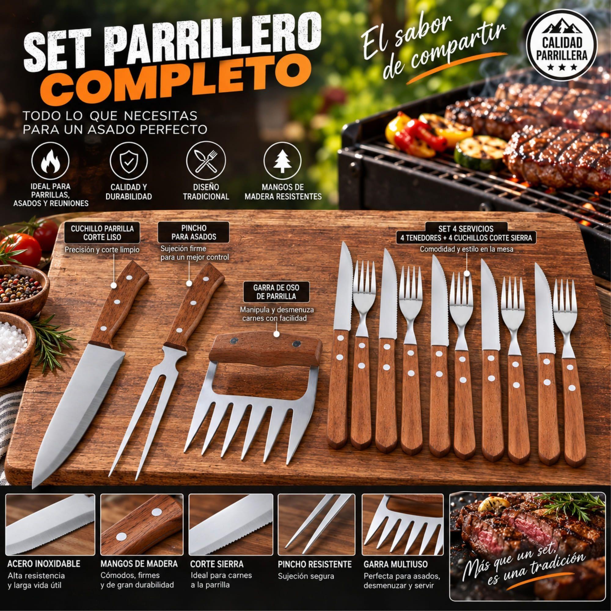 Set Parrillero 11 Piezas Arthome Acero Inoxidable con Garra de Oso-6
