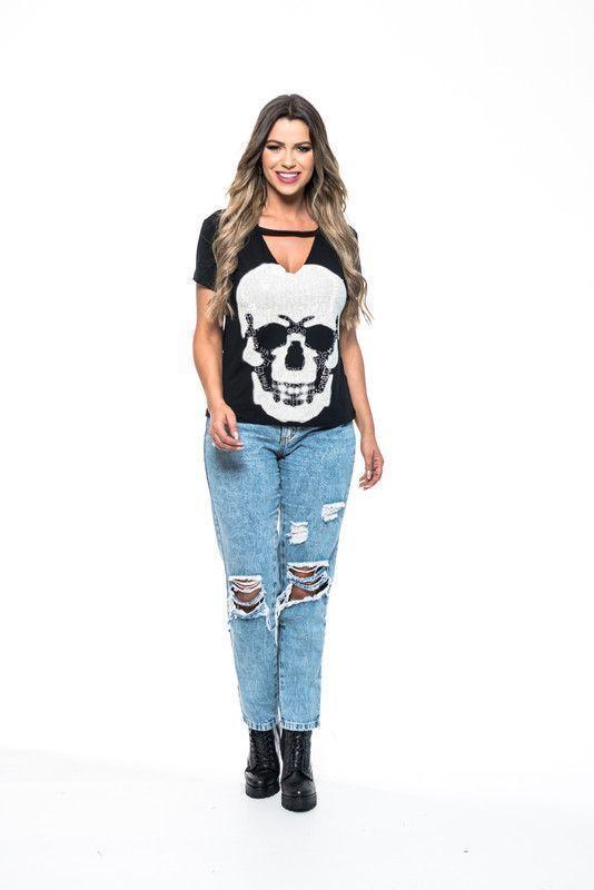 POLERA CHOKER PEDRERIA SKULL BLACK RC-7-1