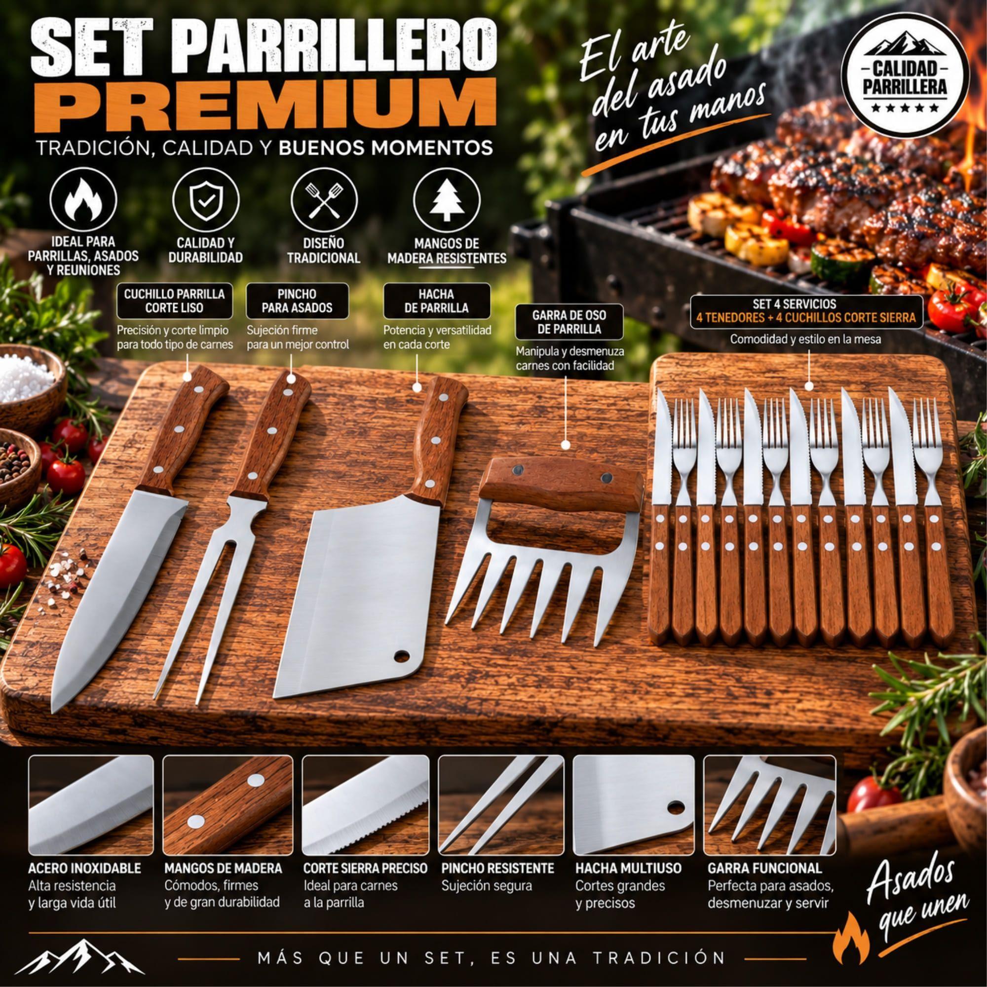 Set Parrillero 12 Piezas Arthome Acero Inoxidable con Hacha y Garra de Oso-7