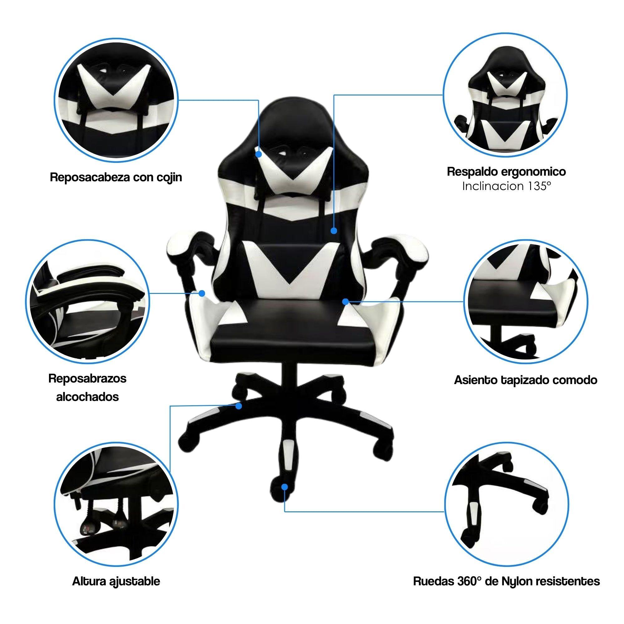 Silla Gamer Tokio Ergonómica Negra y Blanca Reclinable Con Cojines-1