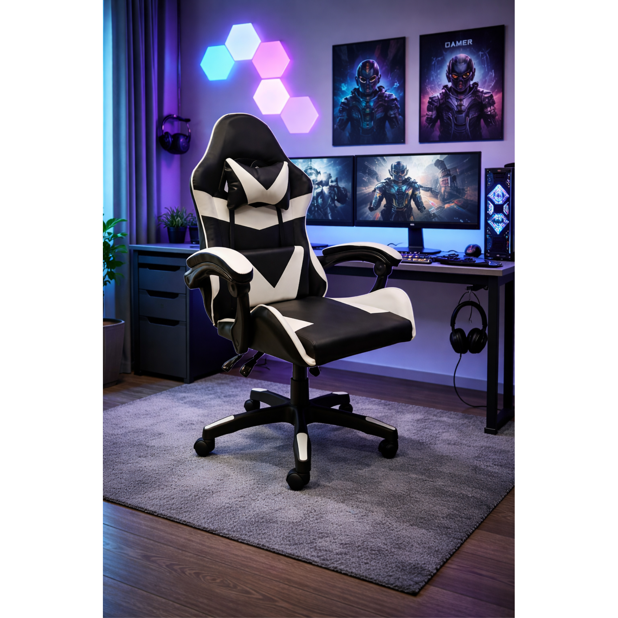 Silla Gamer Tokio Ergonómica Negra y Blanca Reclinable Con Cojines-4