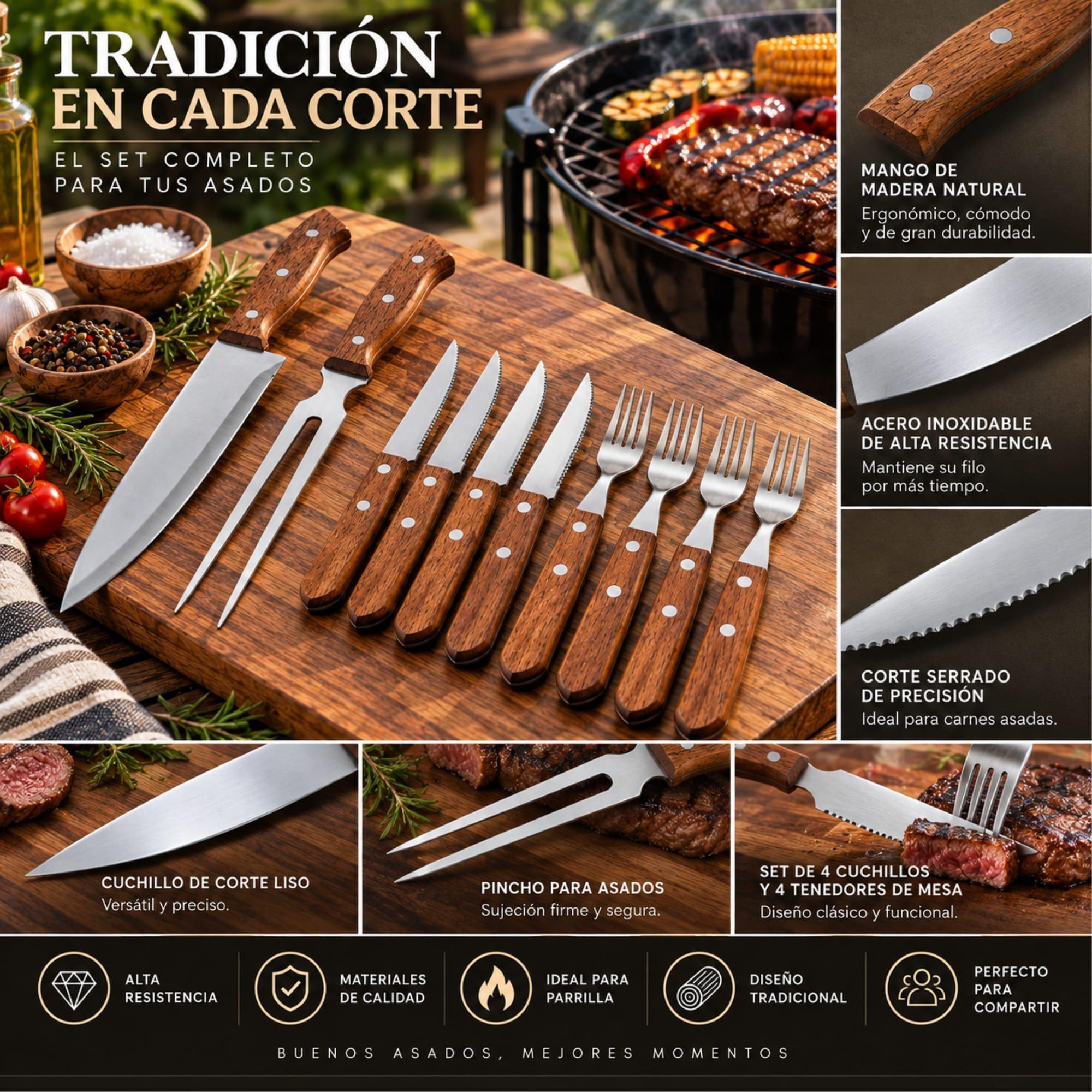 Set Parrilla 10 Piezas Arthome Acero Inoxidable con Cuchillos y Tenedores-6