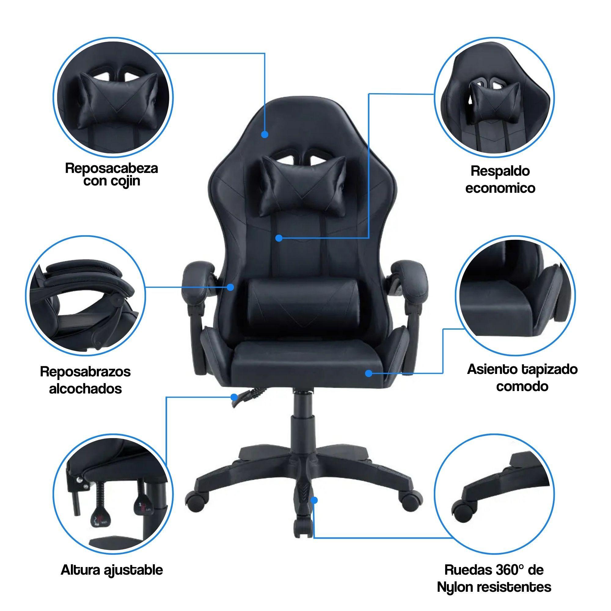 Silla Gamer Tokio Ergonómica Negro Reclinable Con Cojines-3