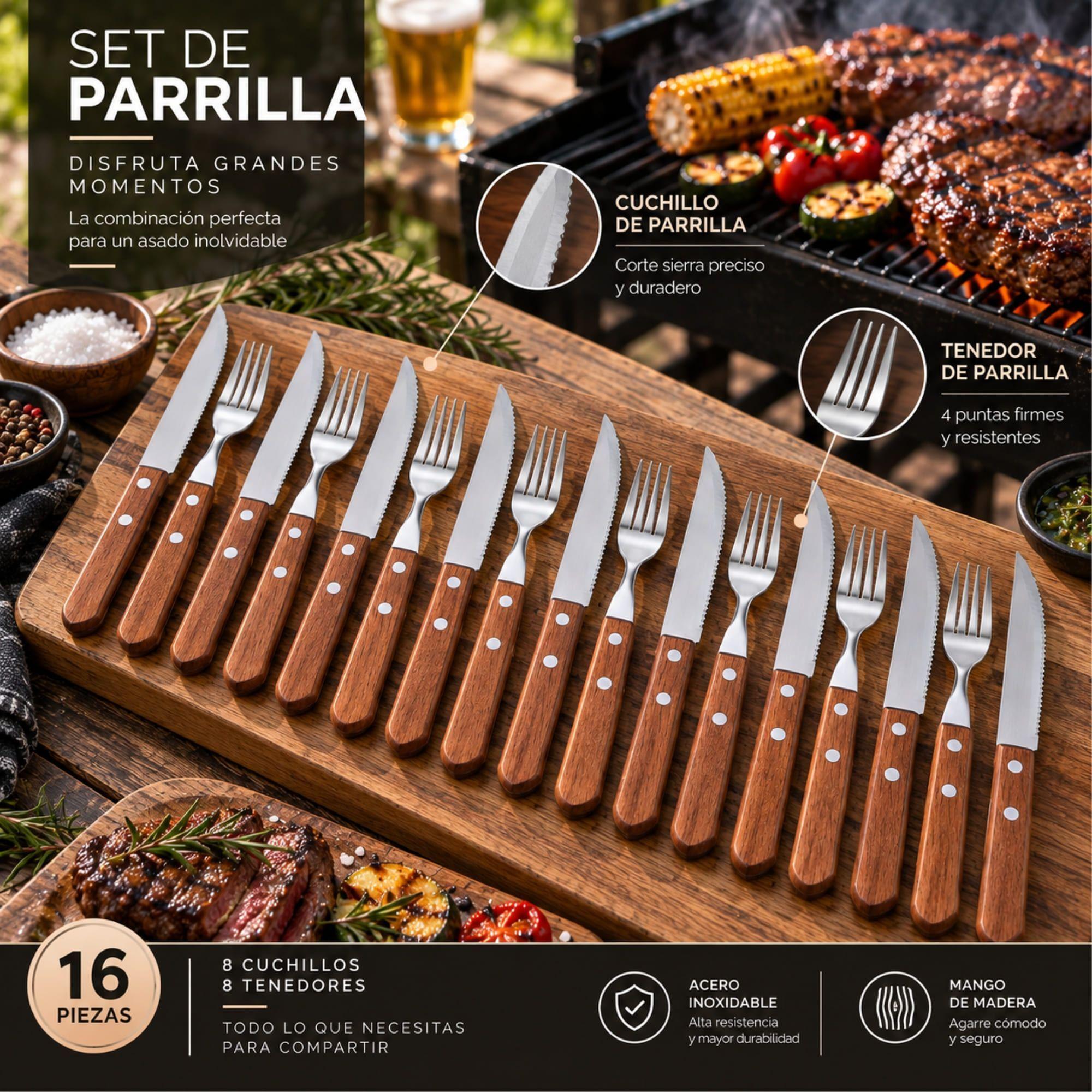 Set Parrilla 16 Piezas Cubiertos Acero Inoxidable Arthome PAR67-5