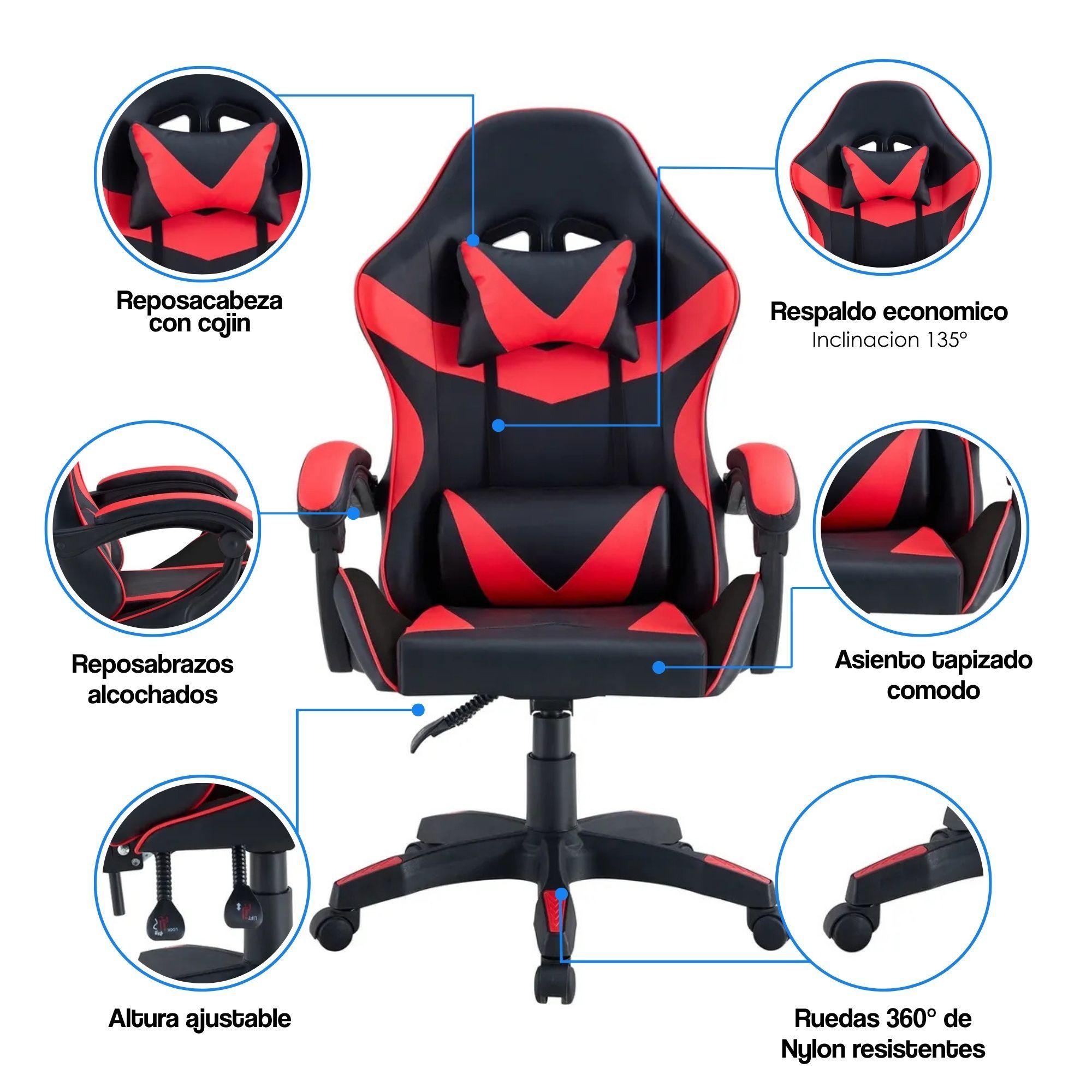 Silla Gamer Tokio Ergonómica Negro y Roja Reclinable Con Cojines-3