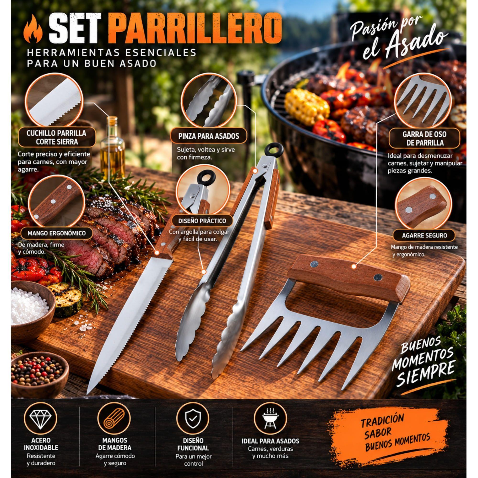 Set Parrilla 3 Piezas Acero Inoxidable Arthome PAR52-8