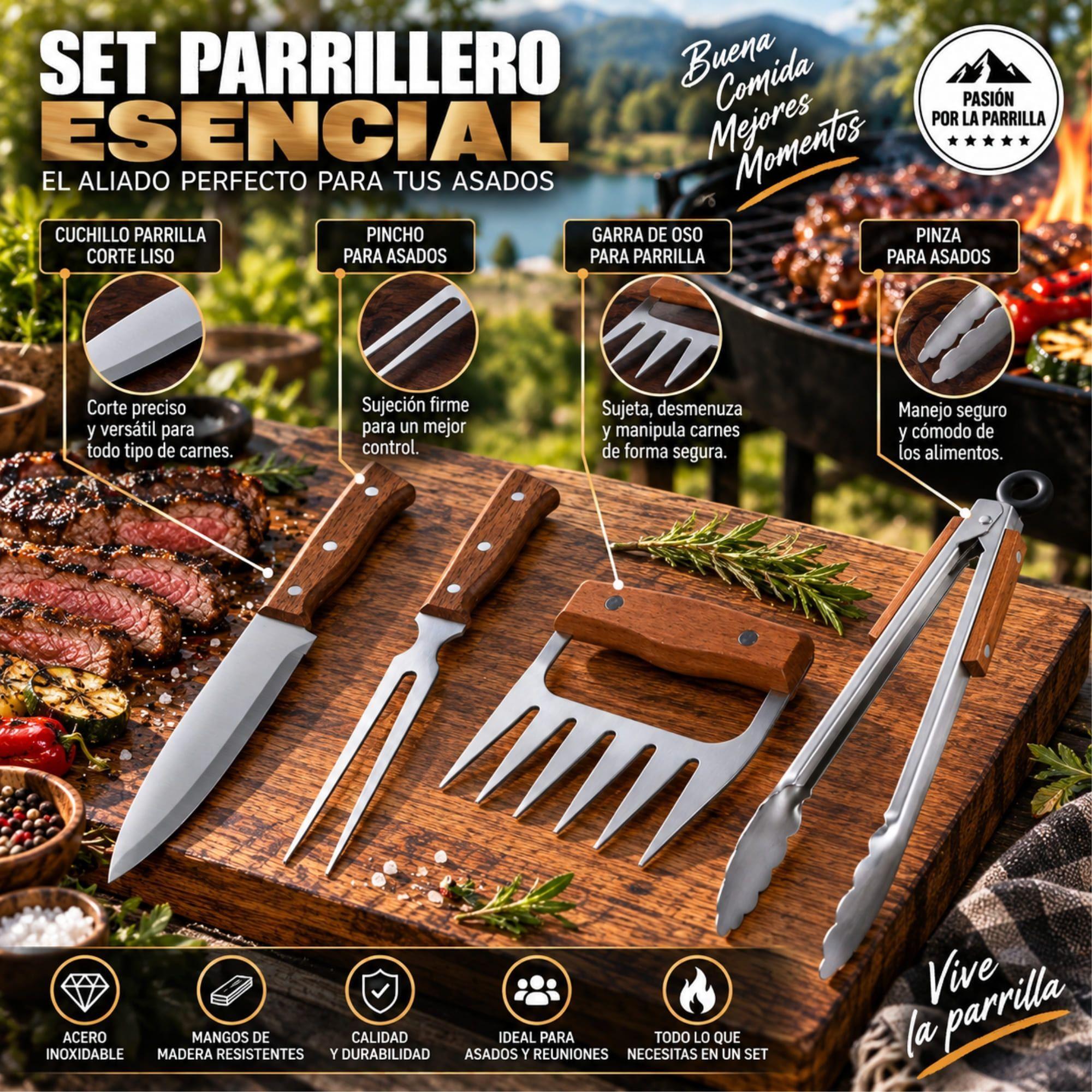 Set Parrillero 4 Piezas Arthome Acero Inoxidable con Garra de Oso y Pinza-5