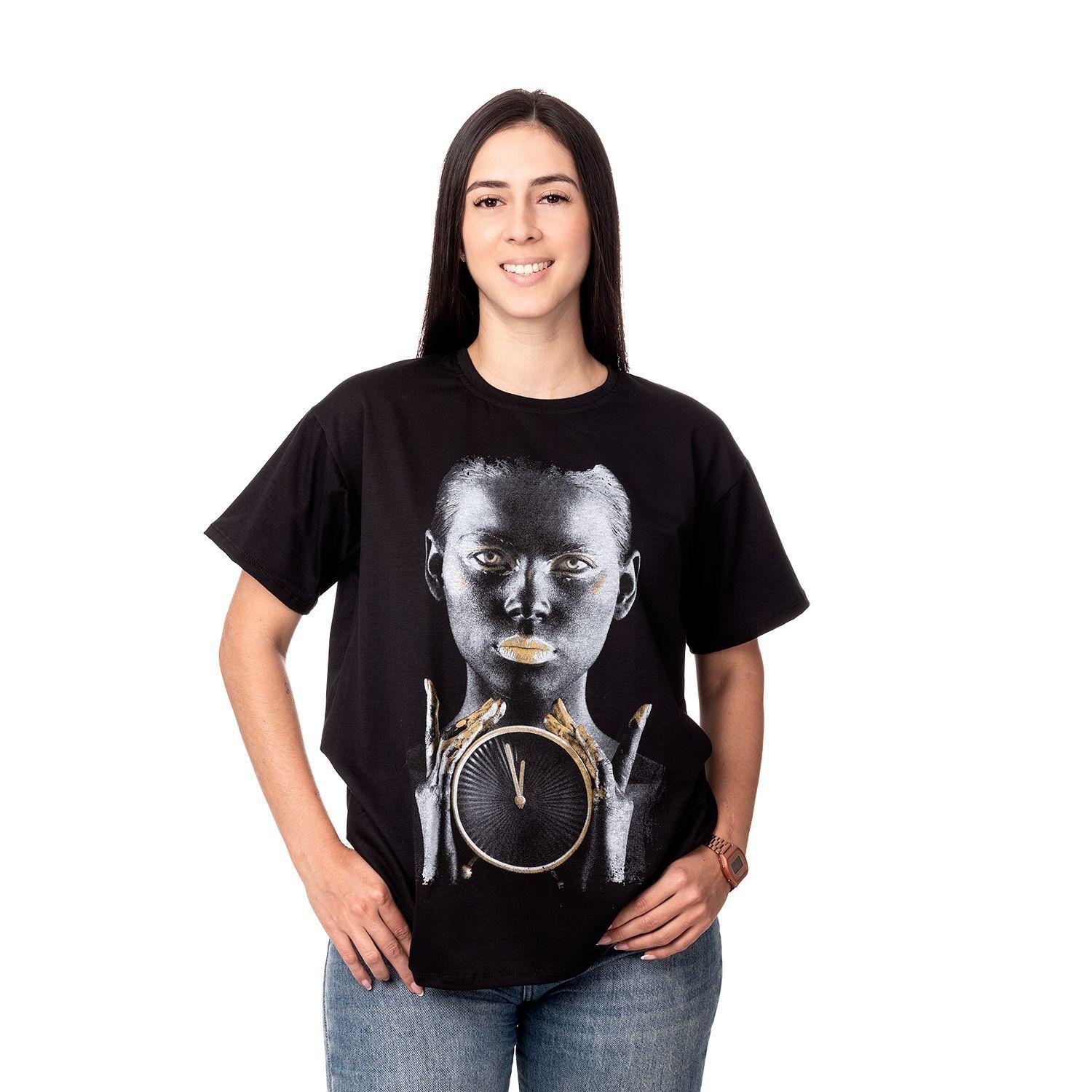 POLERA MUJER OVERSIZE ESTAMPADO GOLDEN CLOCK NEGRO SIGEL-2