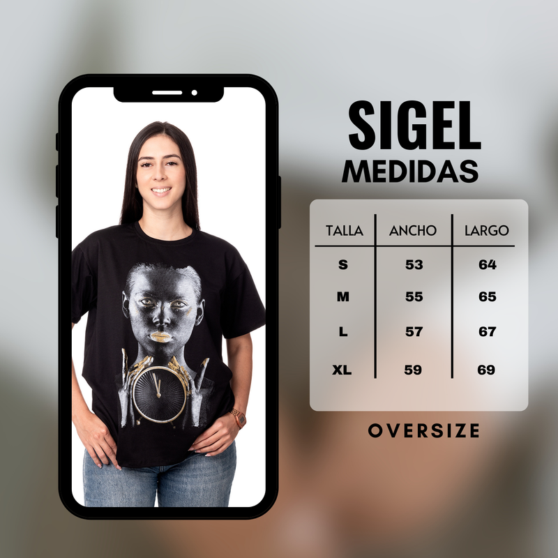 POLERA MUJER OVERSIZE ESTAMPADO GOLDEN CLOCK NEGRO SIGEL-3