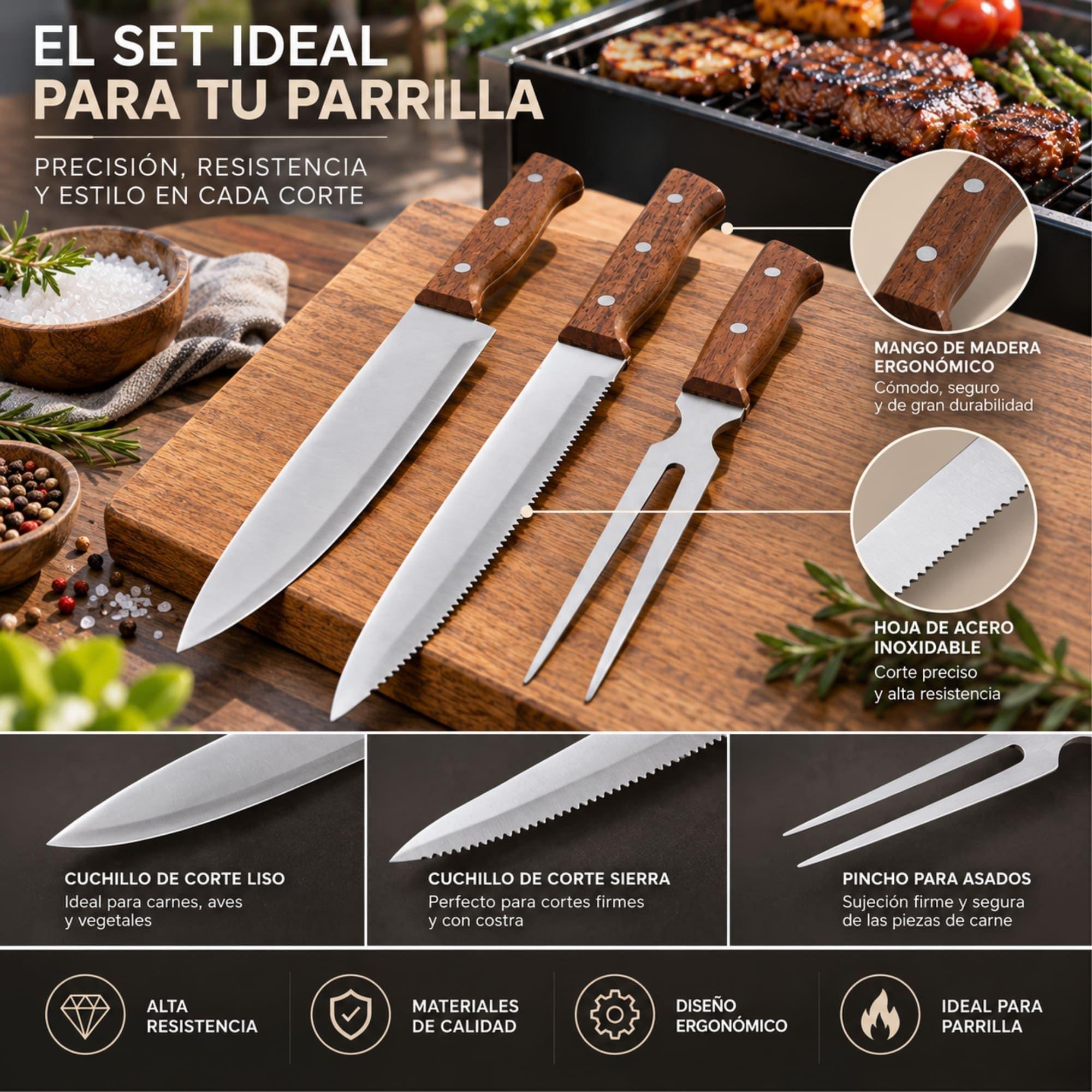 Set Parrilla 3 Piezas Arthome Acero Inoxidable con Mango de Madera-3