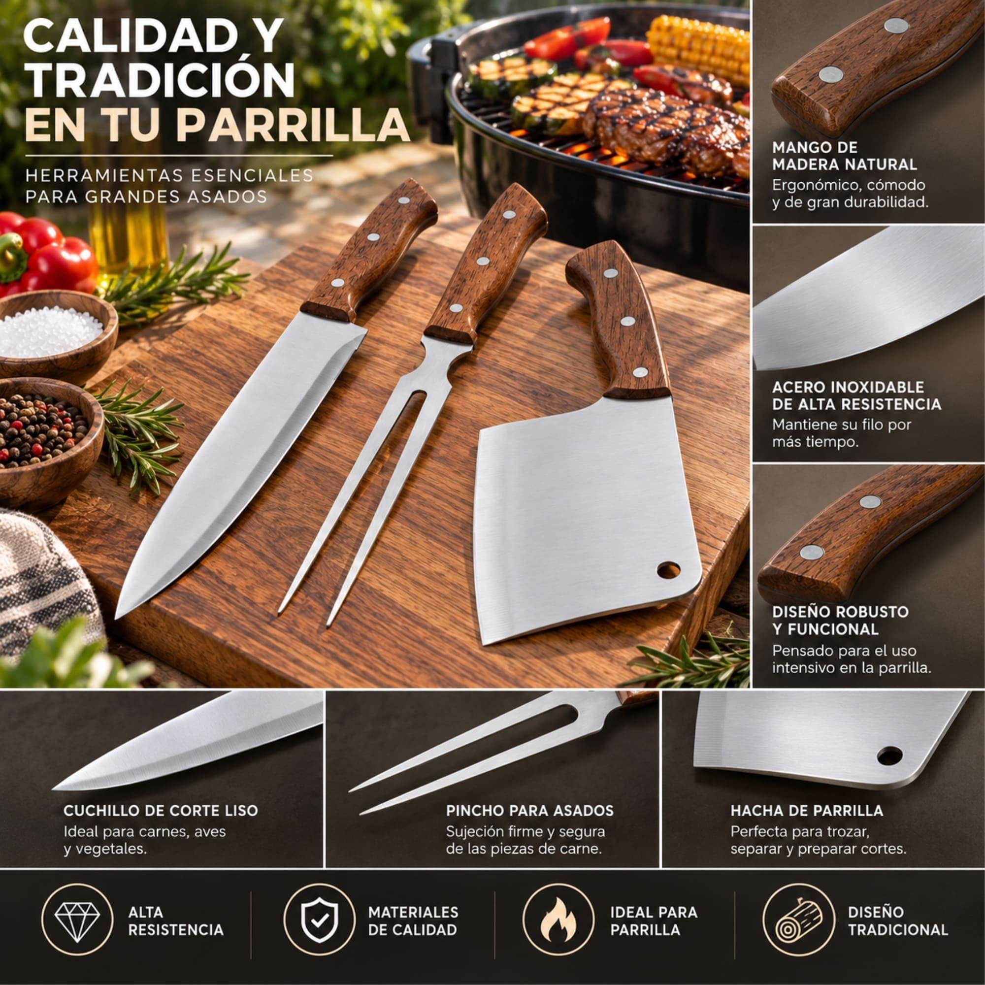 Set Parrilla 3 Piezas Arthome con Hacha Parrillera Acero Inoxidable-4