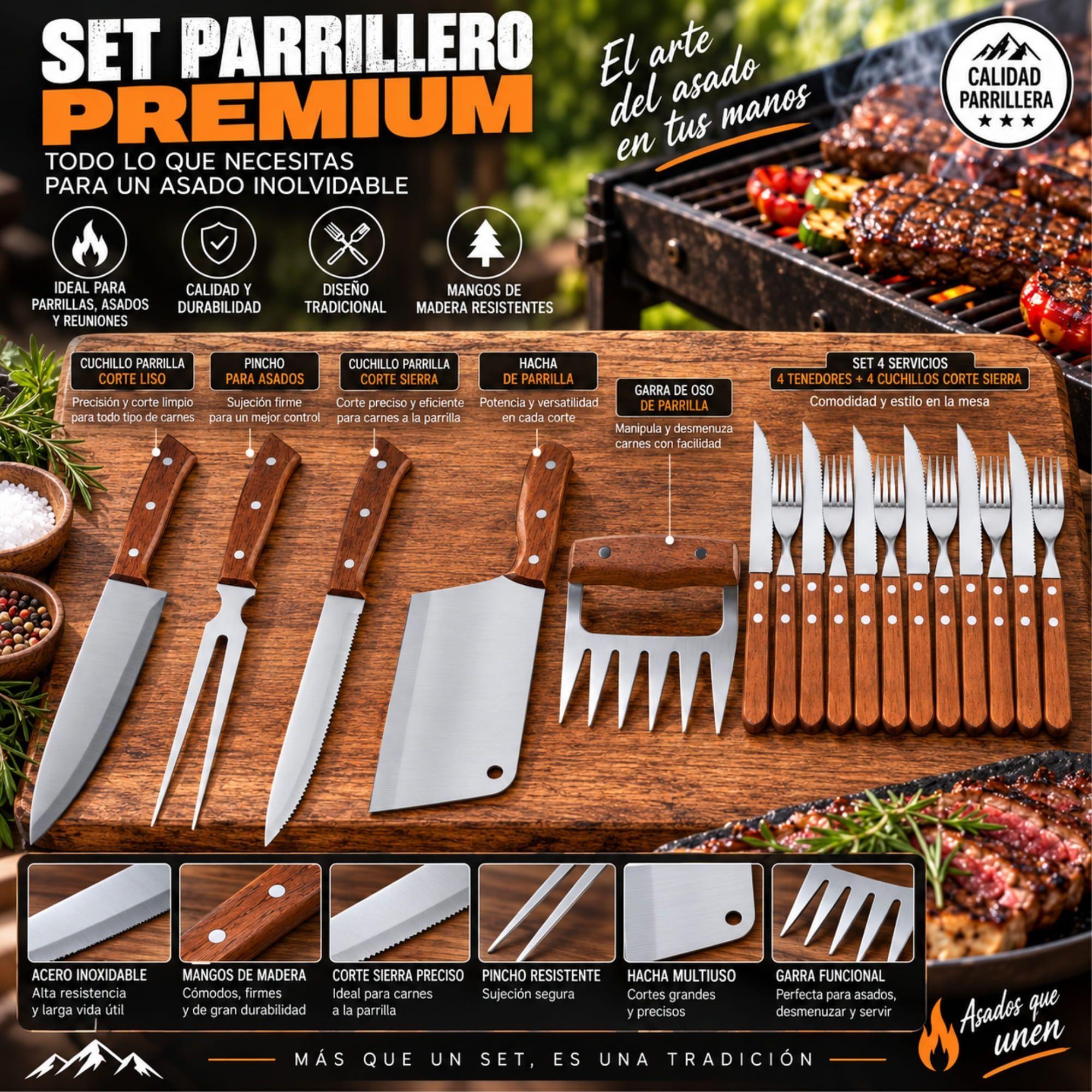 Set Parrillero 12 Piezas Arthome Acero Inoxidable con Hacha y Cuchillos-8