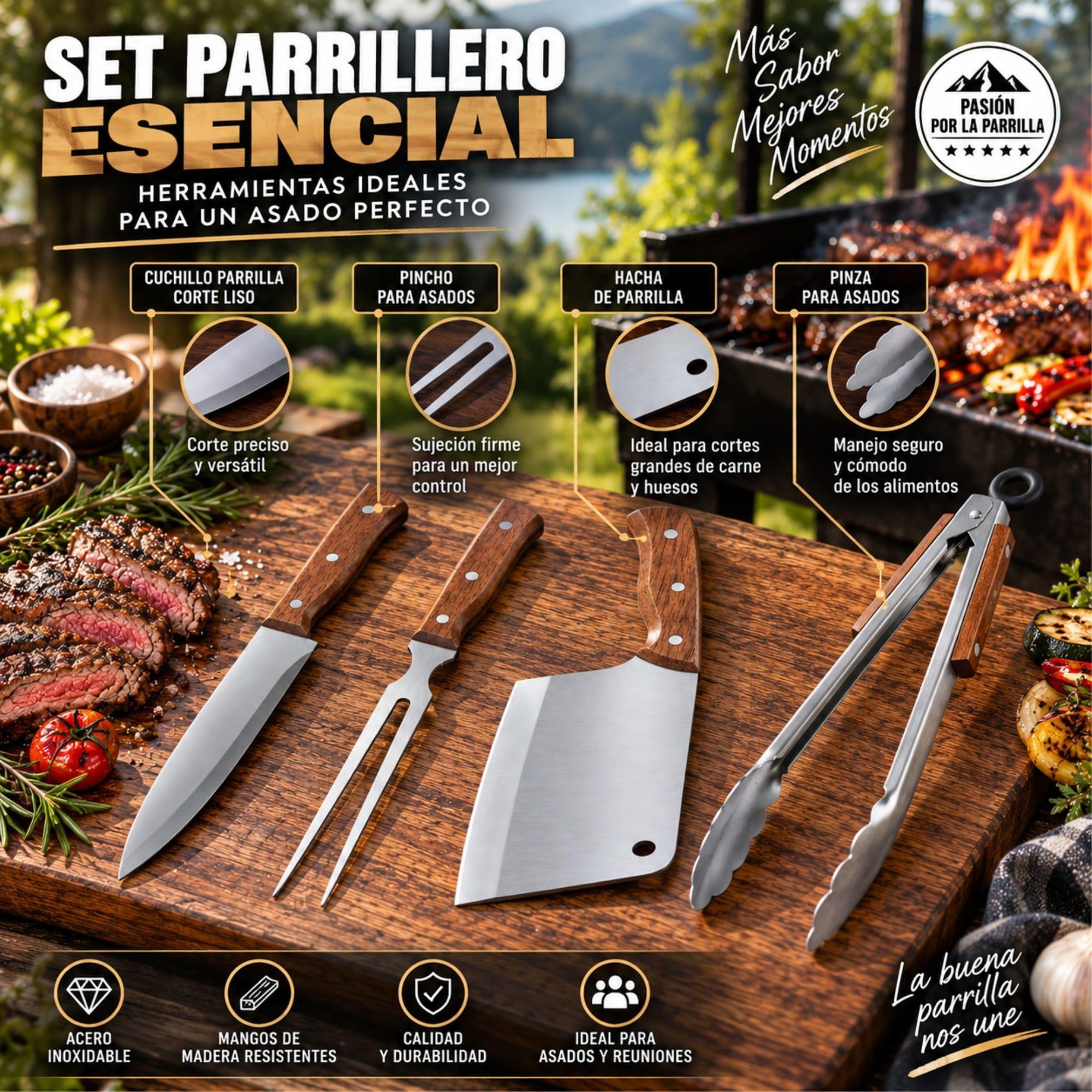 Set Parrillero 4 Piezas Arthome Acero Inoxidable con Hacha y Pinza-5