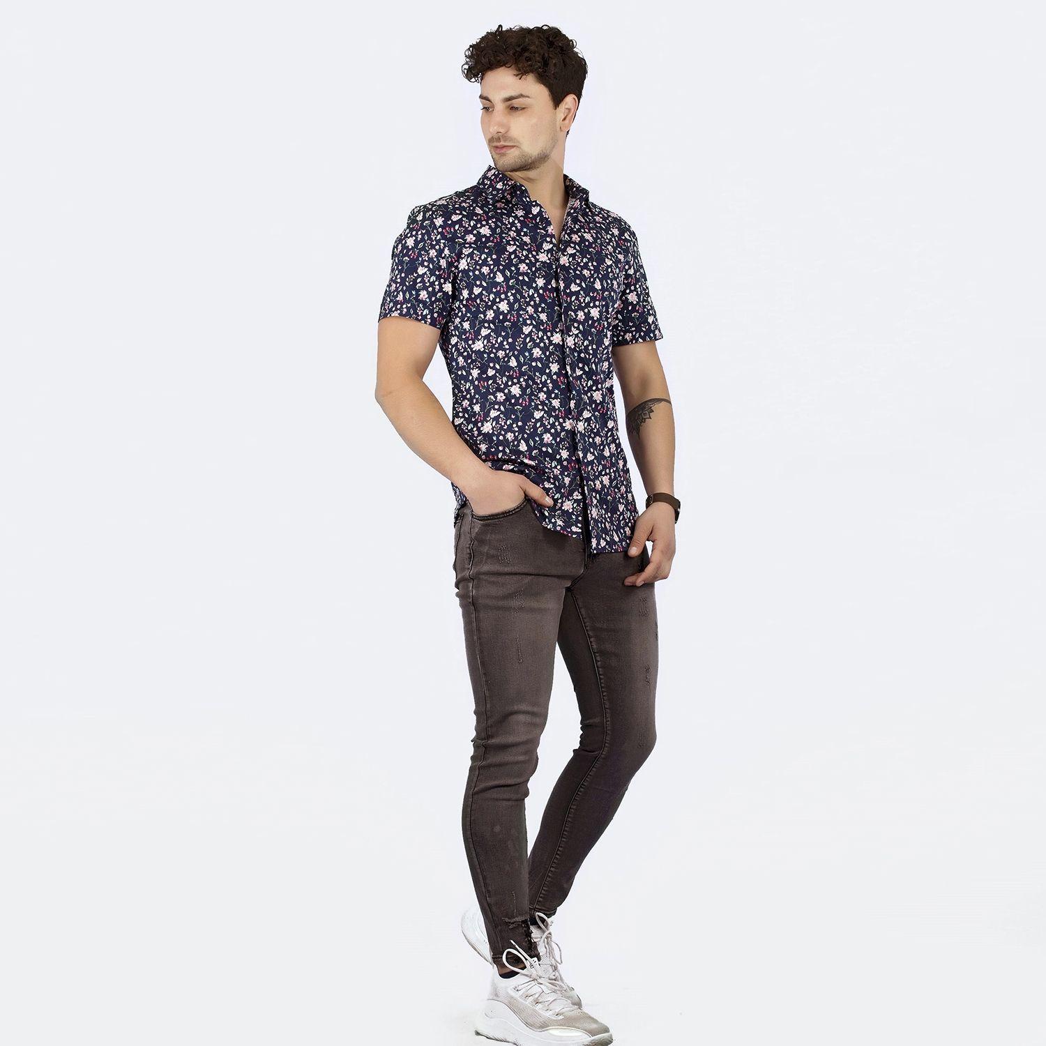 CAMISA  FLOREADA DIABOLO SLIM FIT MANGA CORTA AZUL-2