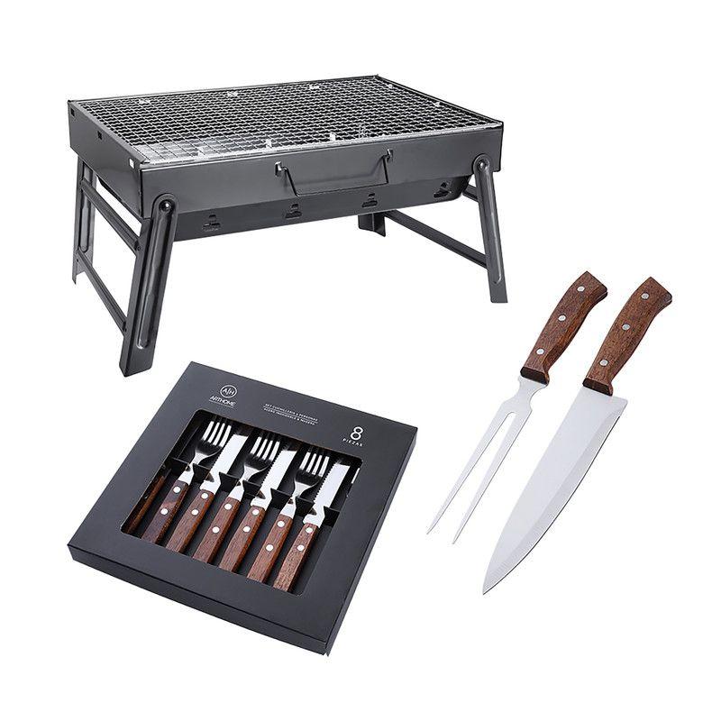 SET PARRILLA BBQ PORTATIL PARA CARBON + 10 PIEZAS AH16-0