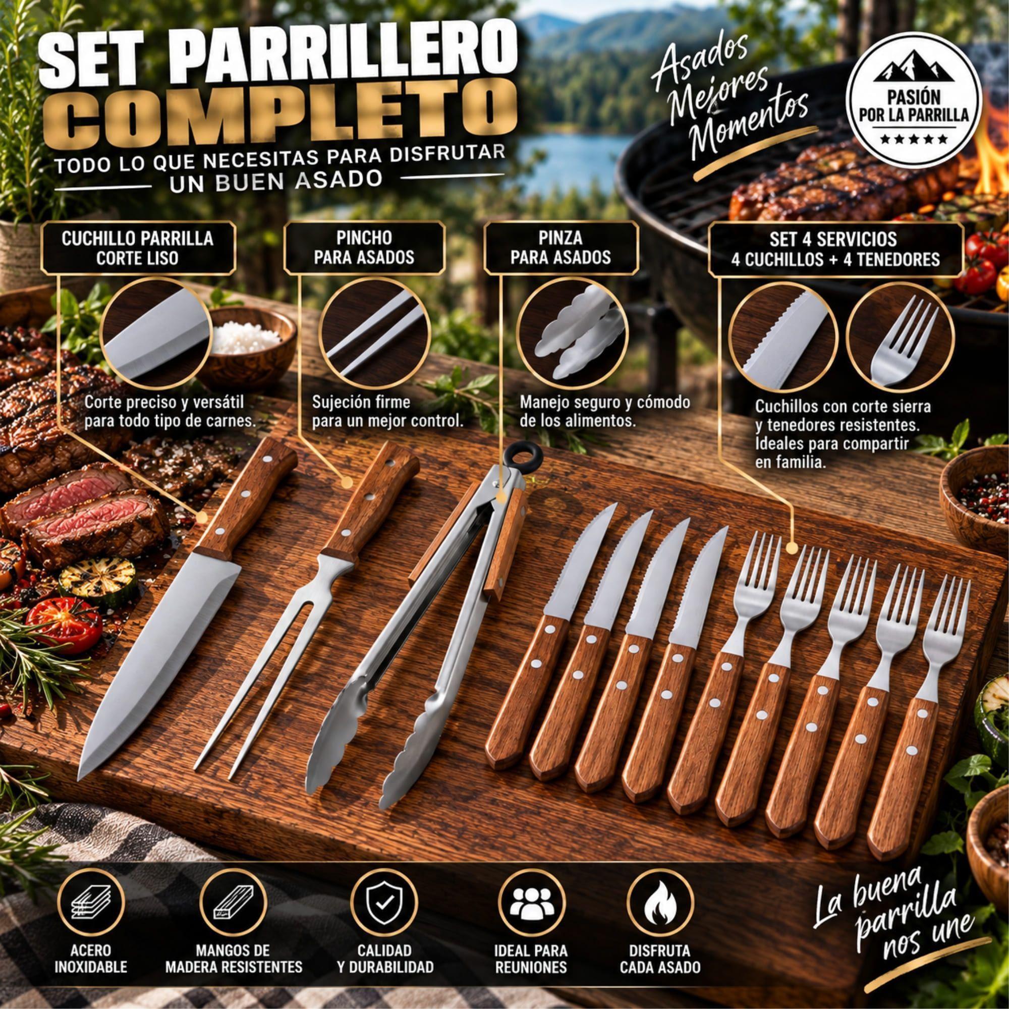 Set Parrillero 11 Piezas Arthome Acero Inoxidable con Pinza y Cuchillos-7