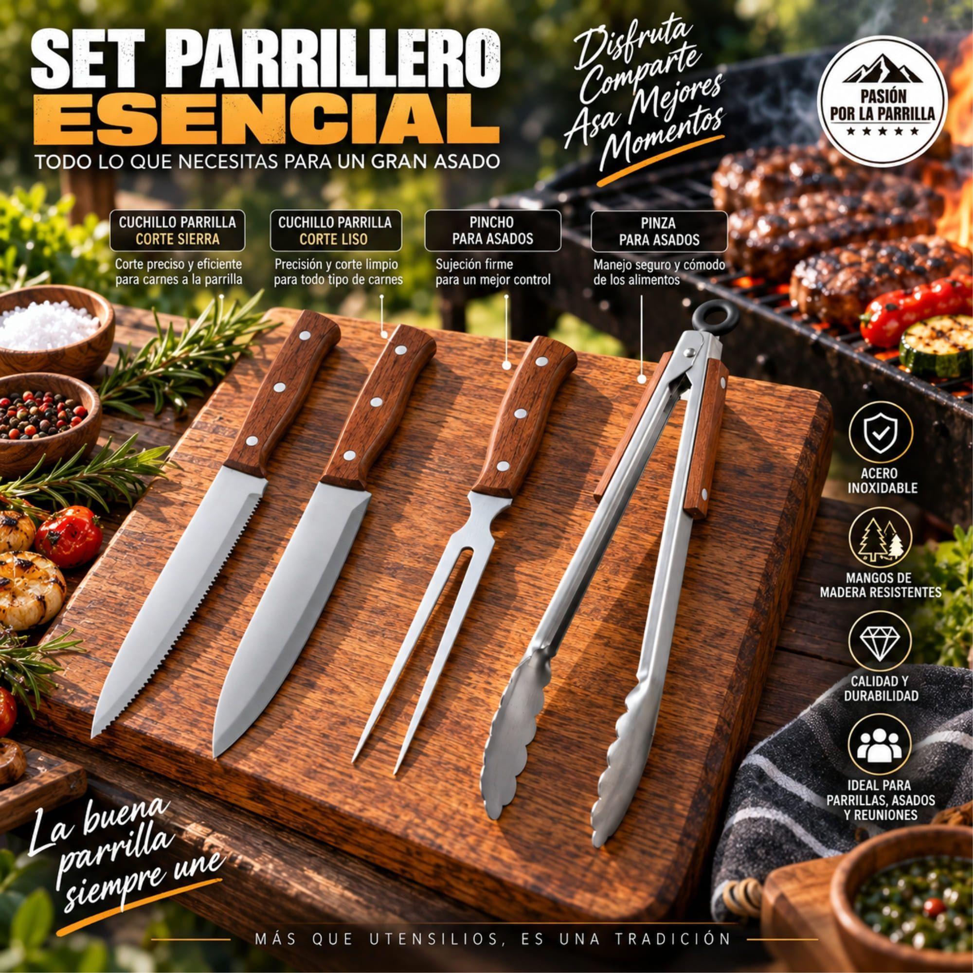 Set Parrillero 4 Piezas Arthome Acero Inoxidable con Pinza y Cuchillos-4