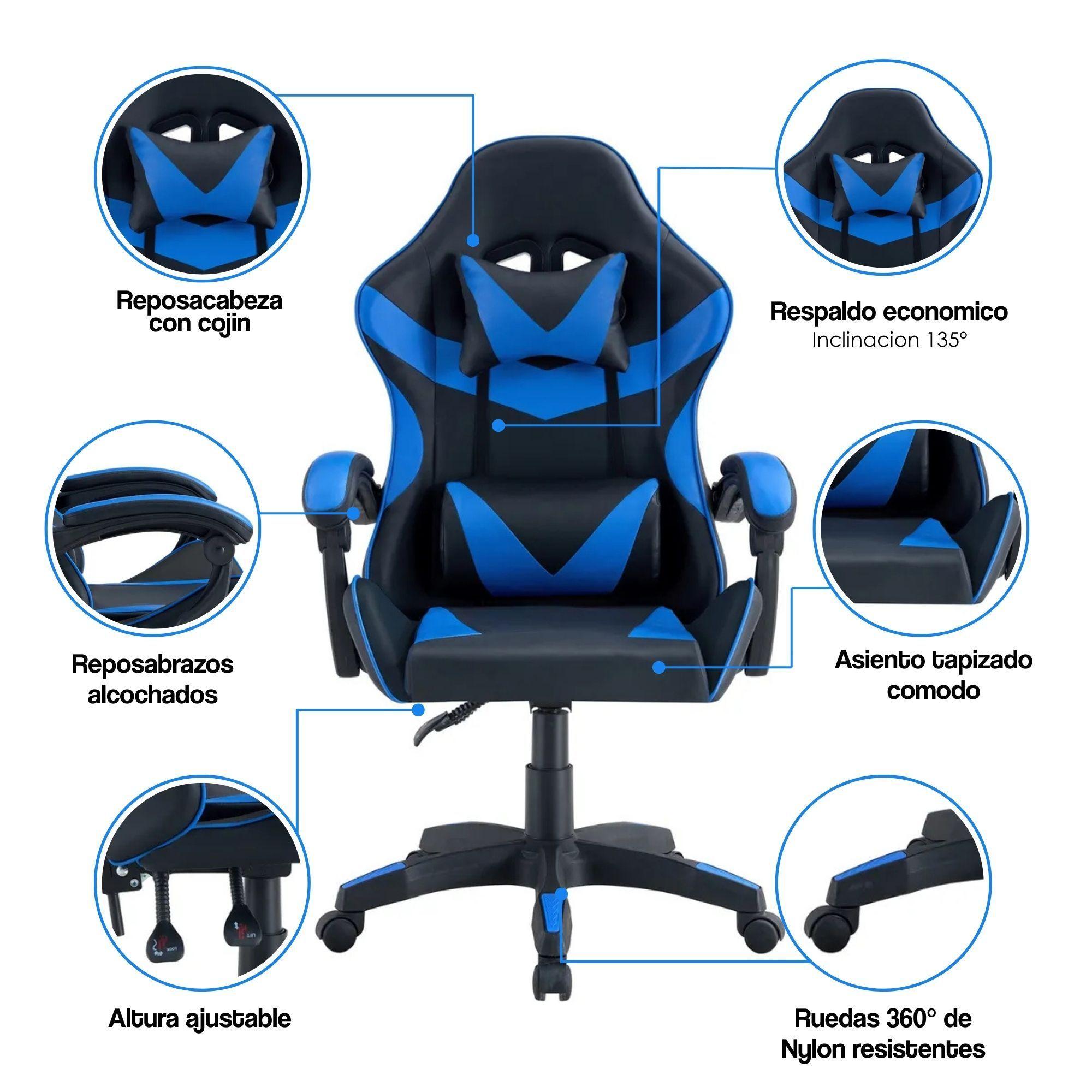 Silla Gamer Tokio Ergonómica Negro y Azul Reclinable Con Cojines-3
