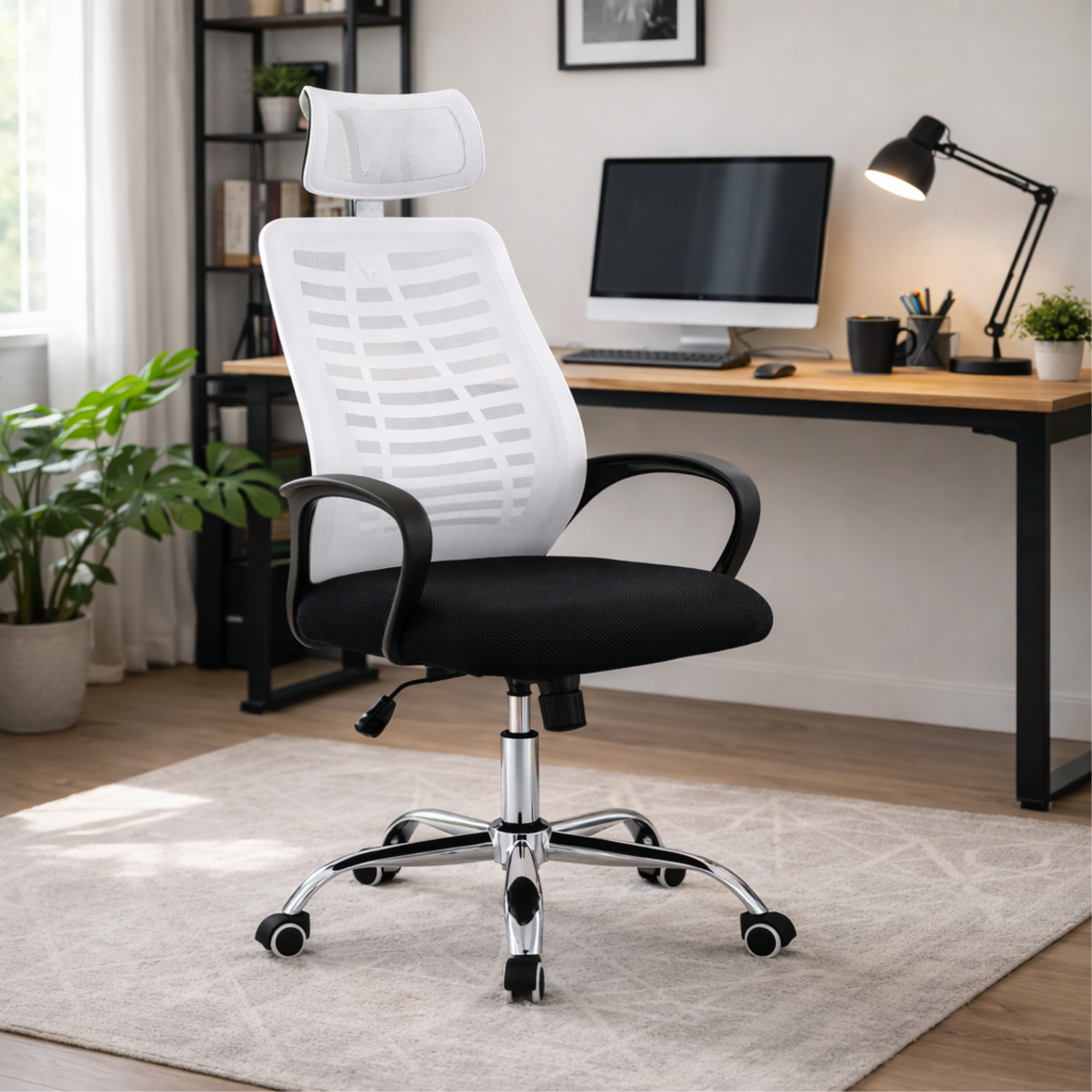 Silla De Oficina Ejecutiva Madrid Ergonomica Color Negra y Blanca-5