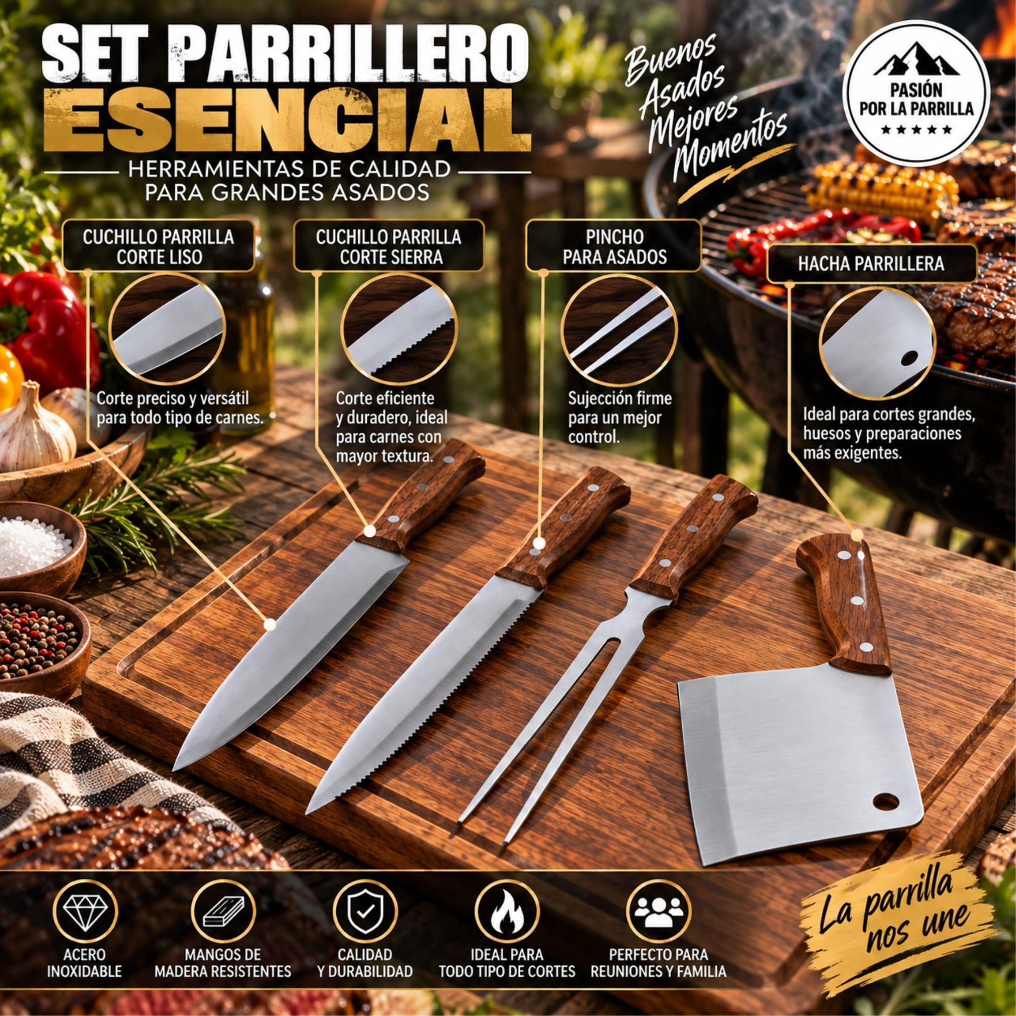 Set Parrillero 4 Piezas Arthome en Acero Inoxidable con Hacha Parrillera-6