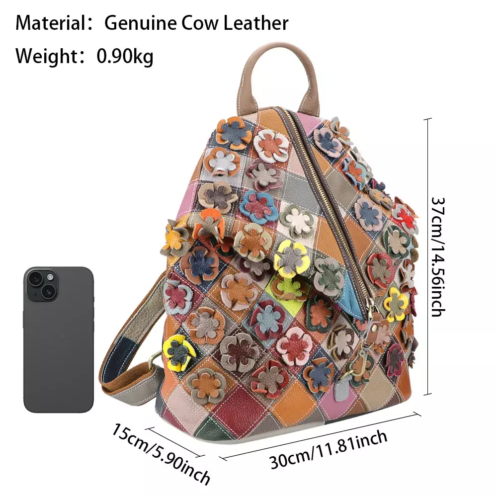Mochila Flores estilo Retro de cuero genuino de vaca-2
