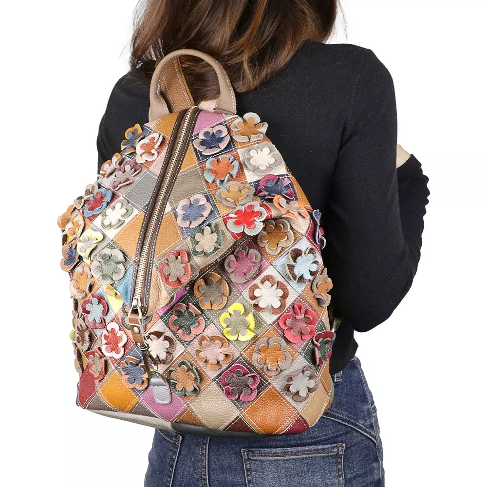 Mochila Flores estilo Retro de cuero genuino de vaca-5