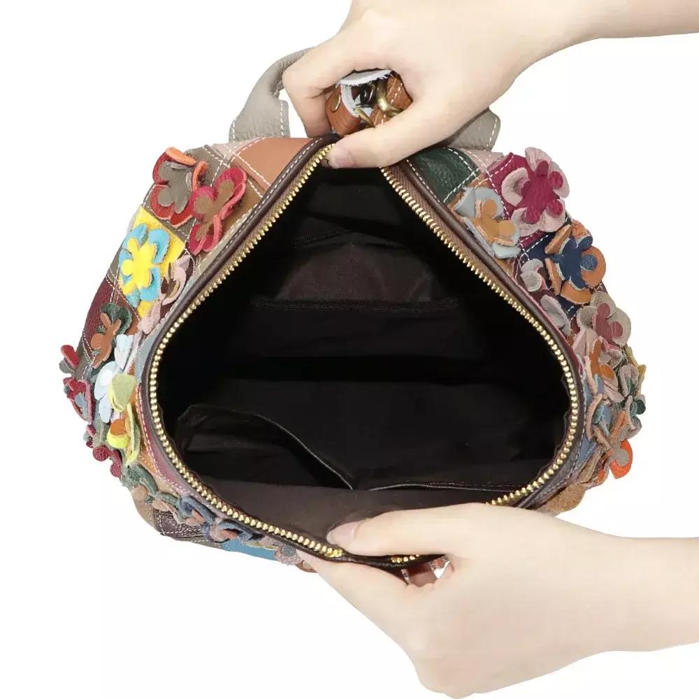 Mochila Flores estilo Retro de cuero genuino de vaca-6