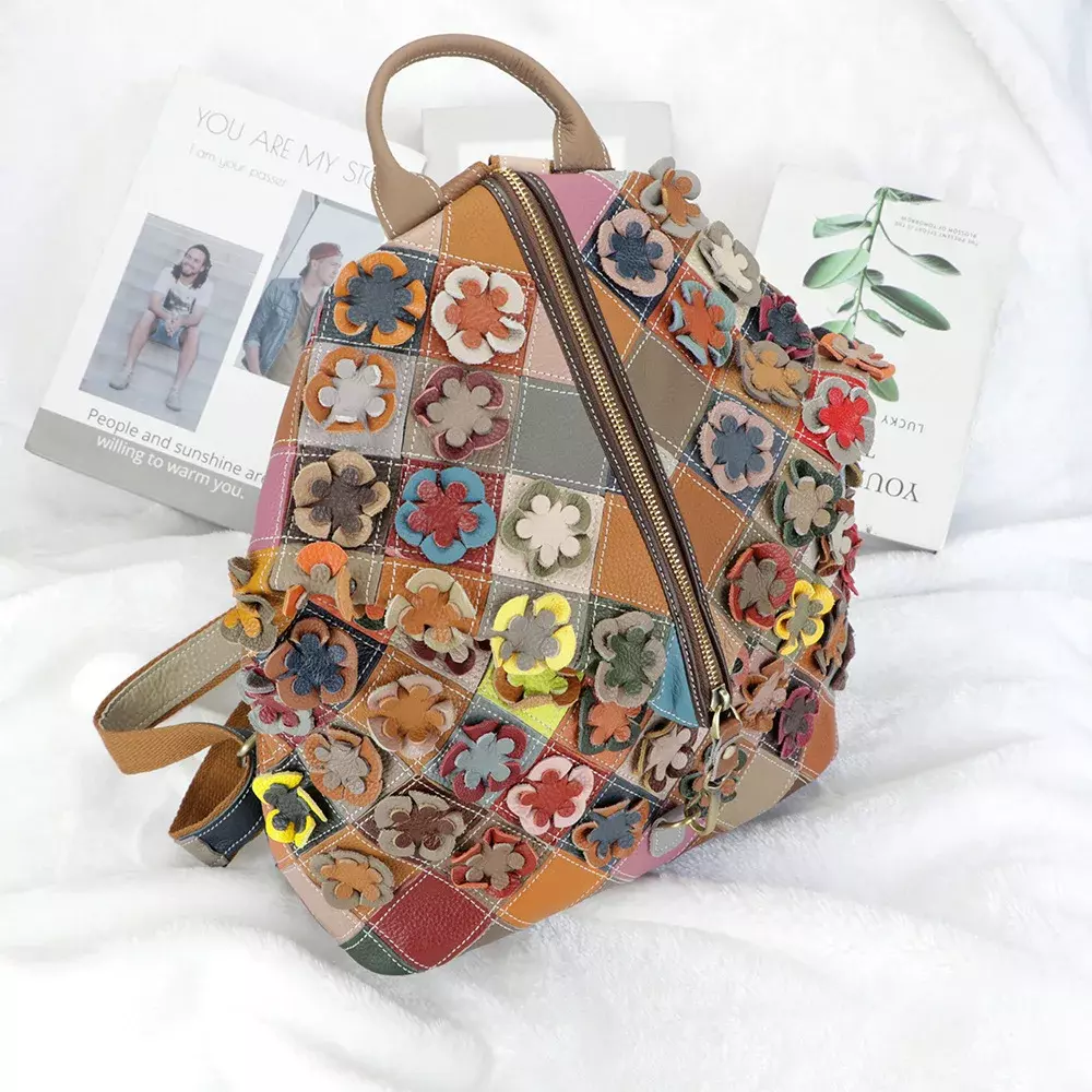 Mochila Flores estilo Retro de cuero genuino de vaca-7