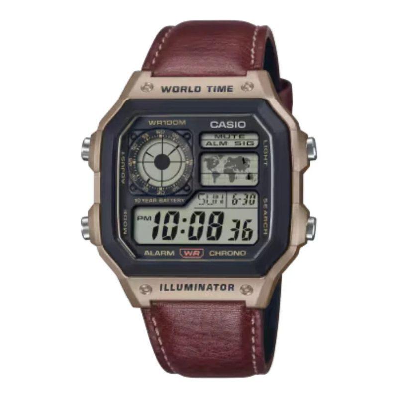 Reloj World Time Royale Casio Vintage AE-1200WHL-5AV Correa de Cuero-0