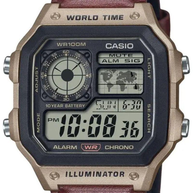 Reloj World Time Royale Casio Vintage AE-1200WHL-5AV Correa de Cuero-1