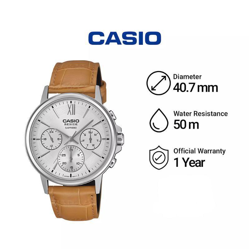 Reloj Casio Hombre Cuero y Cristal Zafiro BMS-300L-5A-3