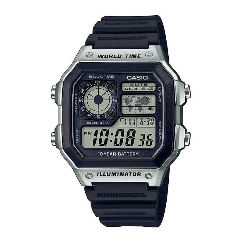 Reloj World Time Royale Casio Vintage AE-1200WH-1CV Plateado Correa Negra Digital-0
