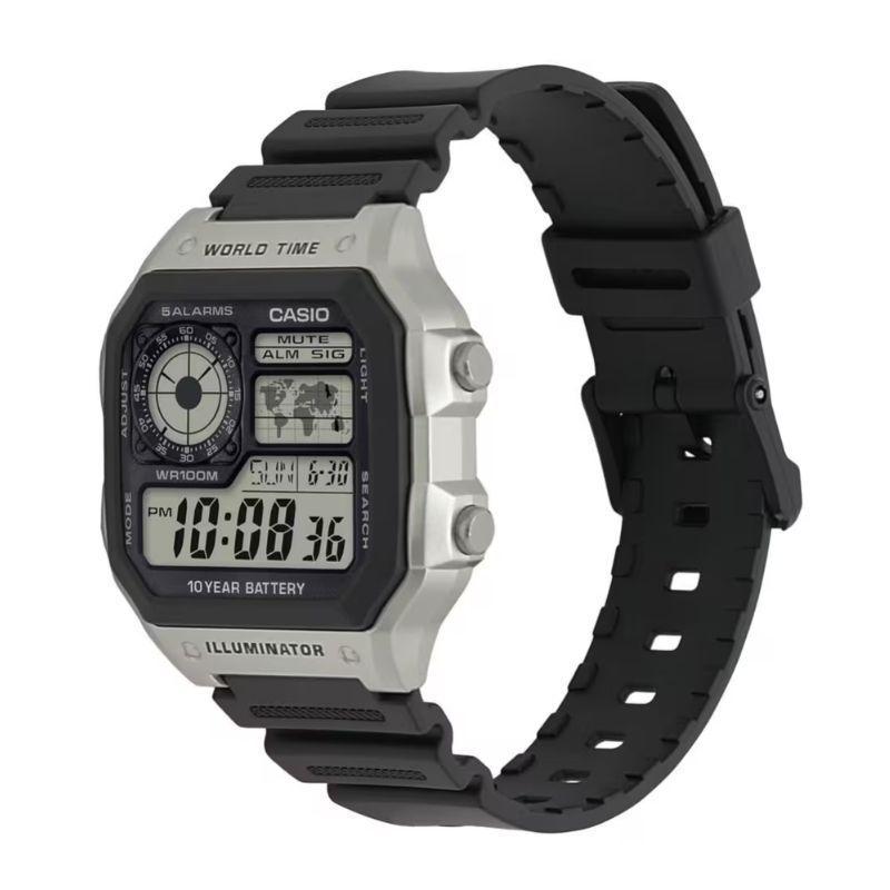 Reloj World Time Royale Casio Vintage AE-1200WH-1CV Plateado Correa Negra Digital-1