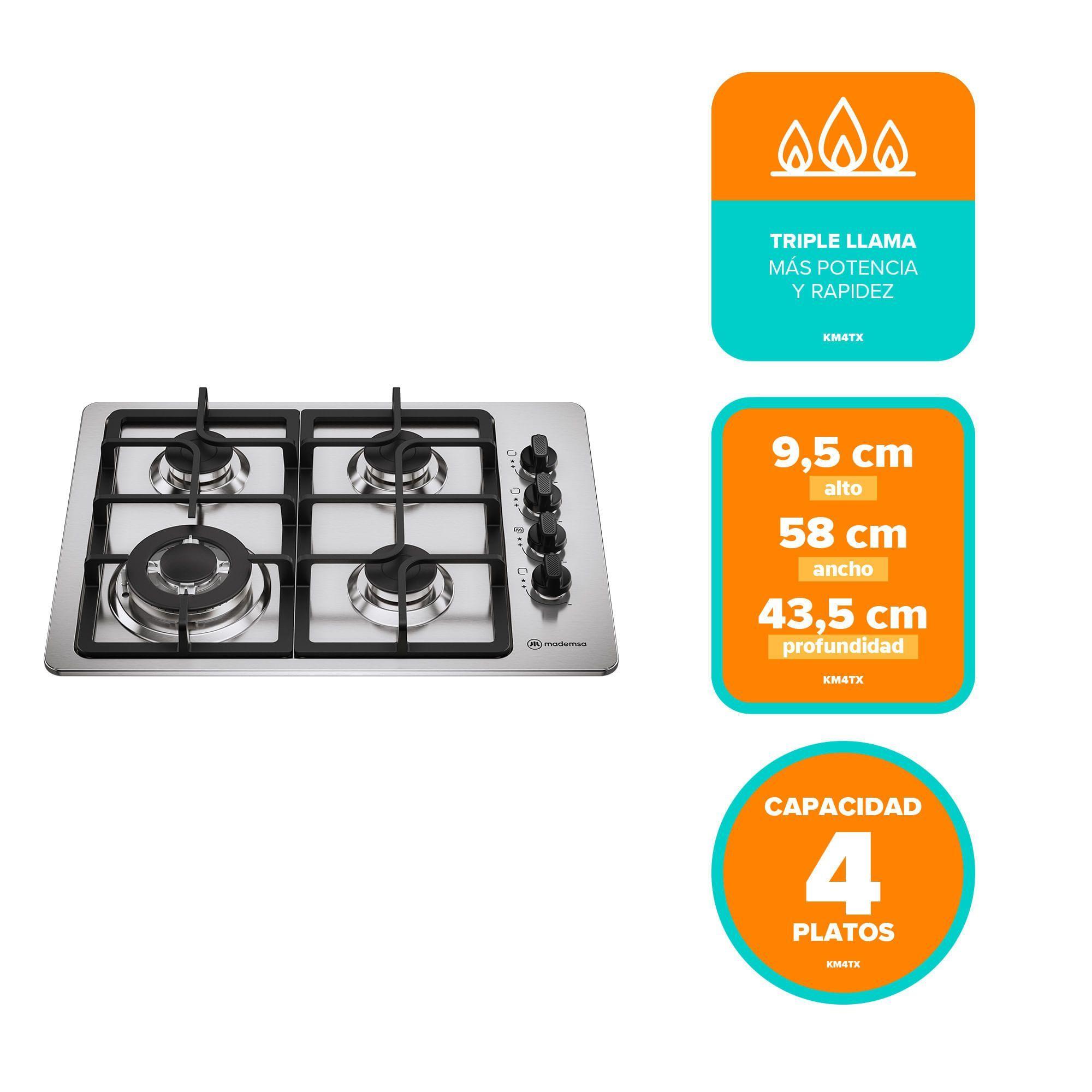 Encimera a Gas 4 Platos Triple Llama y Parrilla Hierro Fundido KM4TX-2