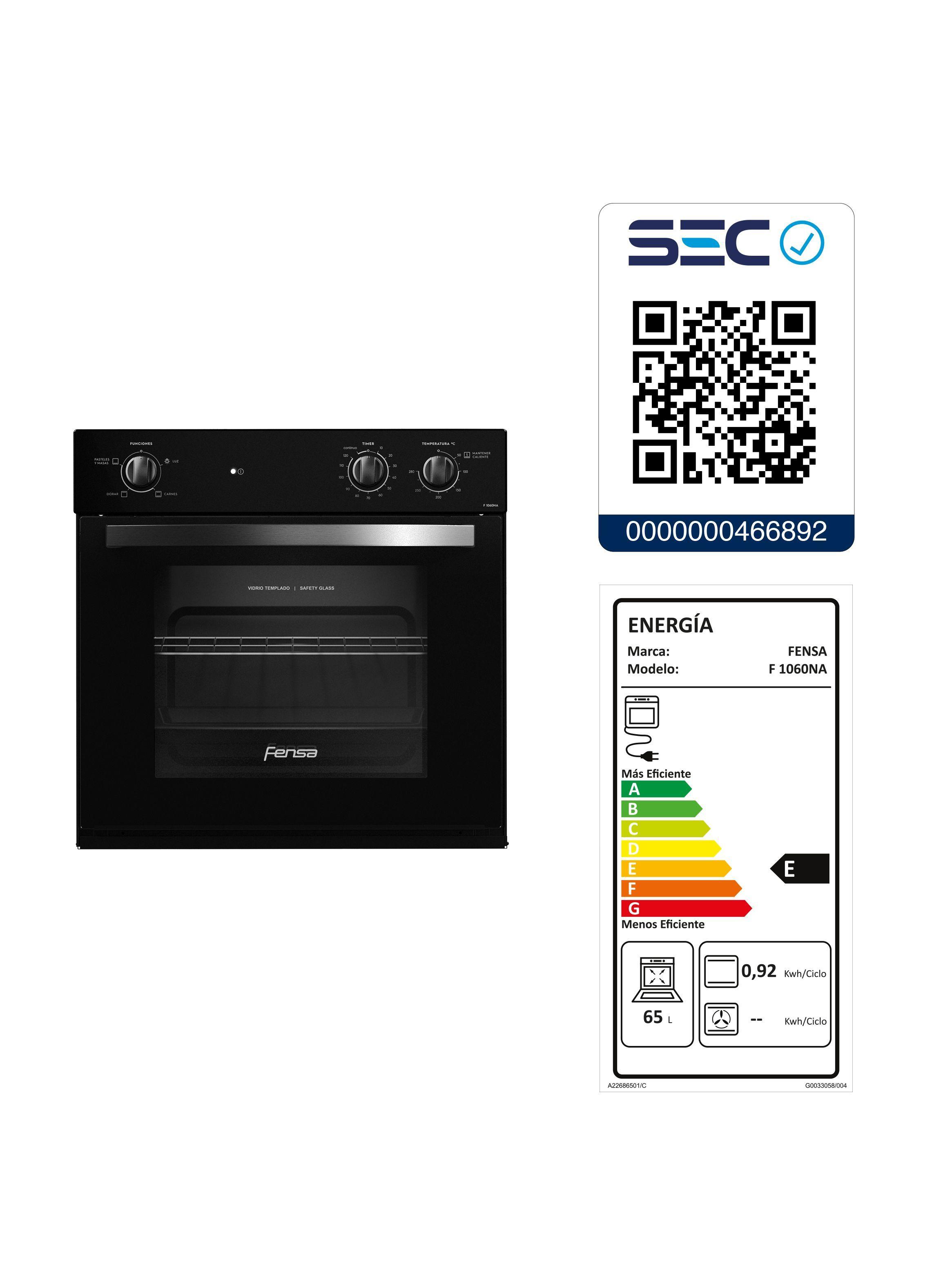 Horno Empotrable Eléctrico 66L Cavidad Esmaltada F 1060N A Negro-6
