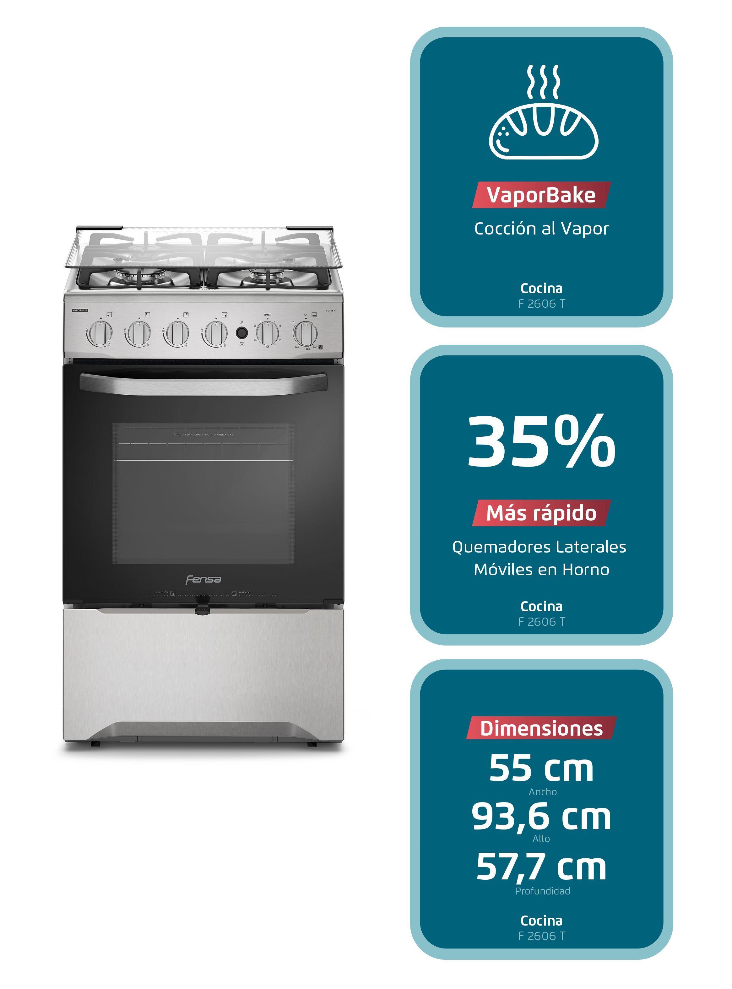 Cocina a Gas 4 Platos Fensa VaporBake y Timer F 2606 T-2