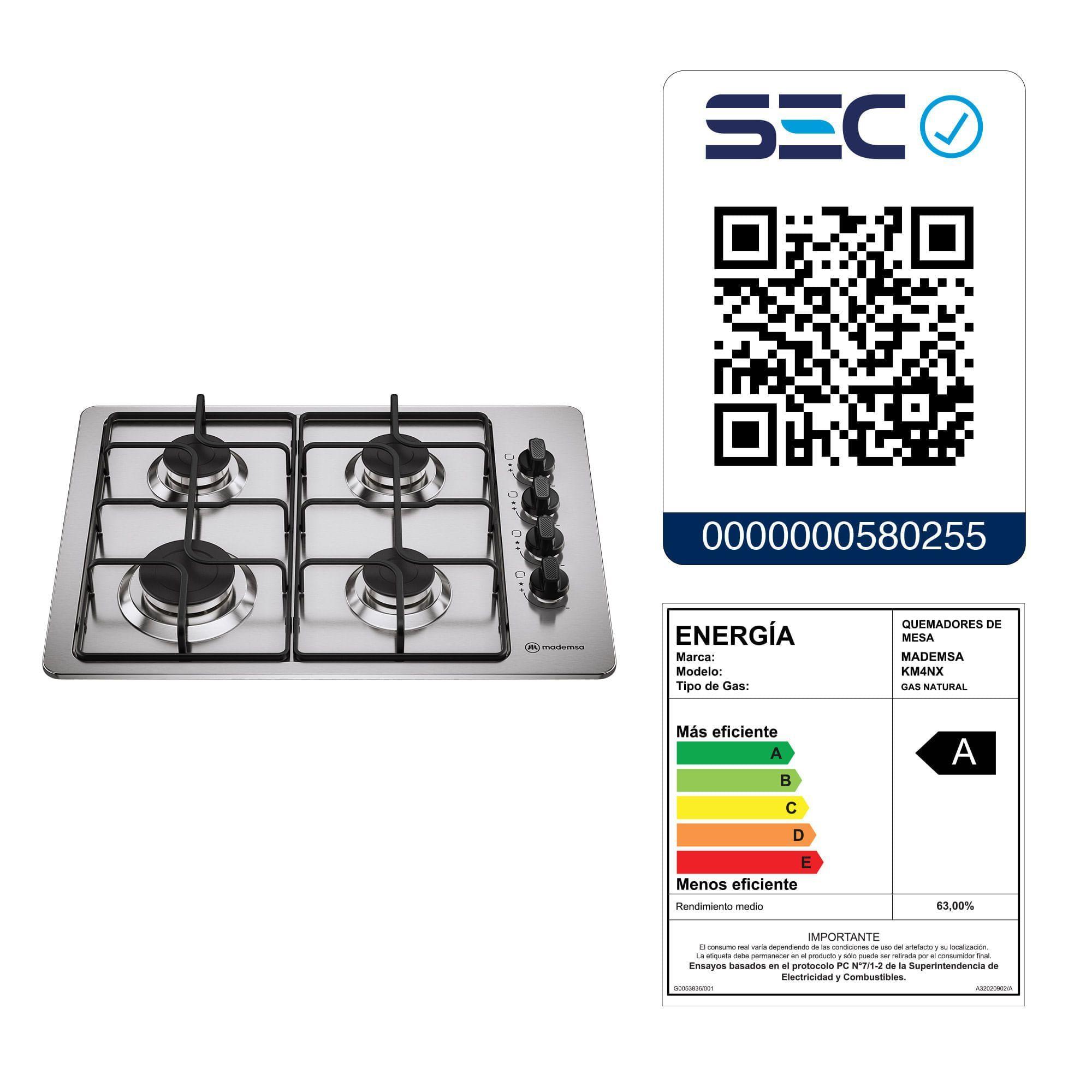 Encimera a Gas 4 Platos Encendido Automático KM4NX Inox-9