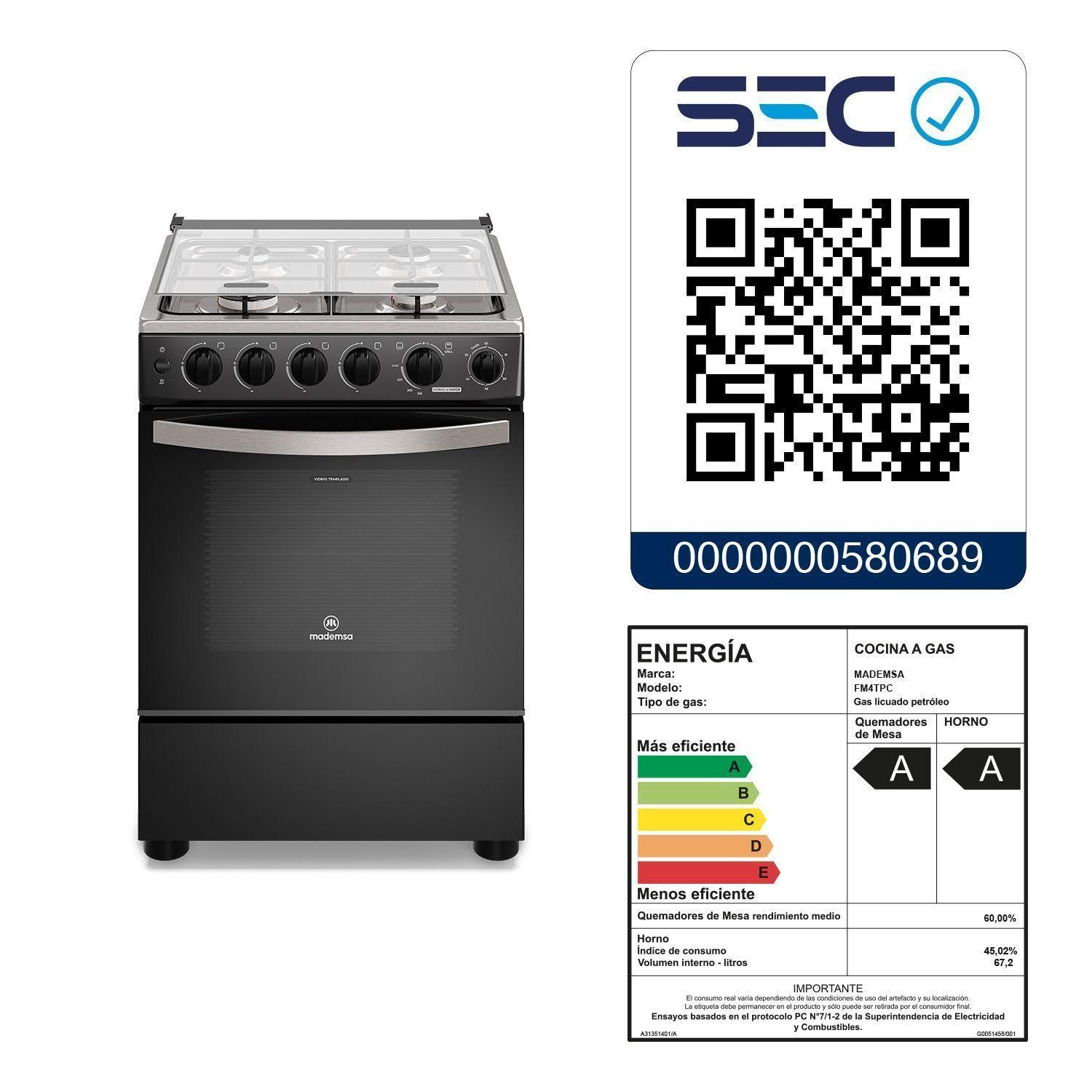 Cocina a Gas 4 Platos Horno Vapor y Temporizador FM4TPC Negra-7
